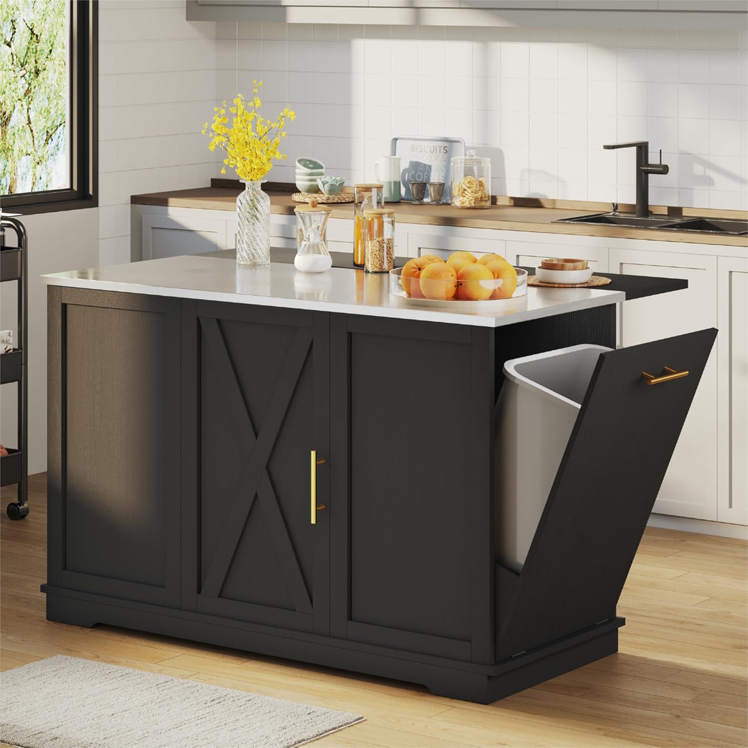 DWVO Kitchen Island with Seating and Stainless Steel Countertop, 47'' Rolling Garbage and Recycling Island with Folding Drop Leaf, Tilt-Out Trash Cabinet for 13-Gallon Bin, 2-Tire Spice Rack, Black