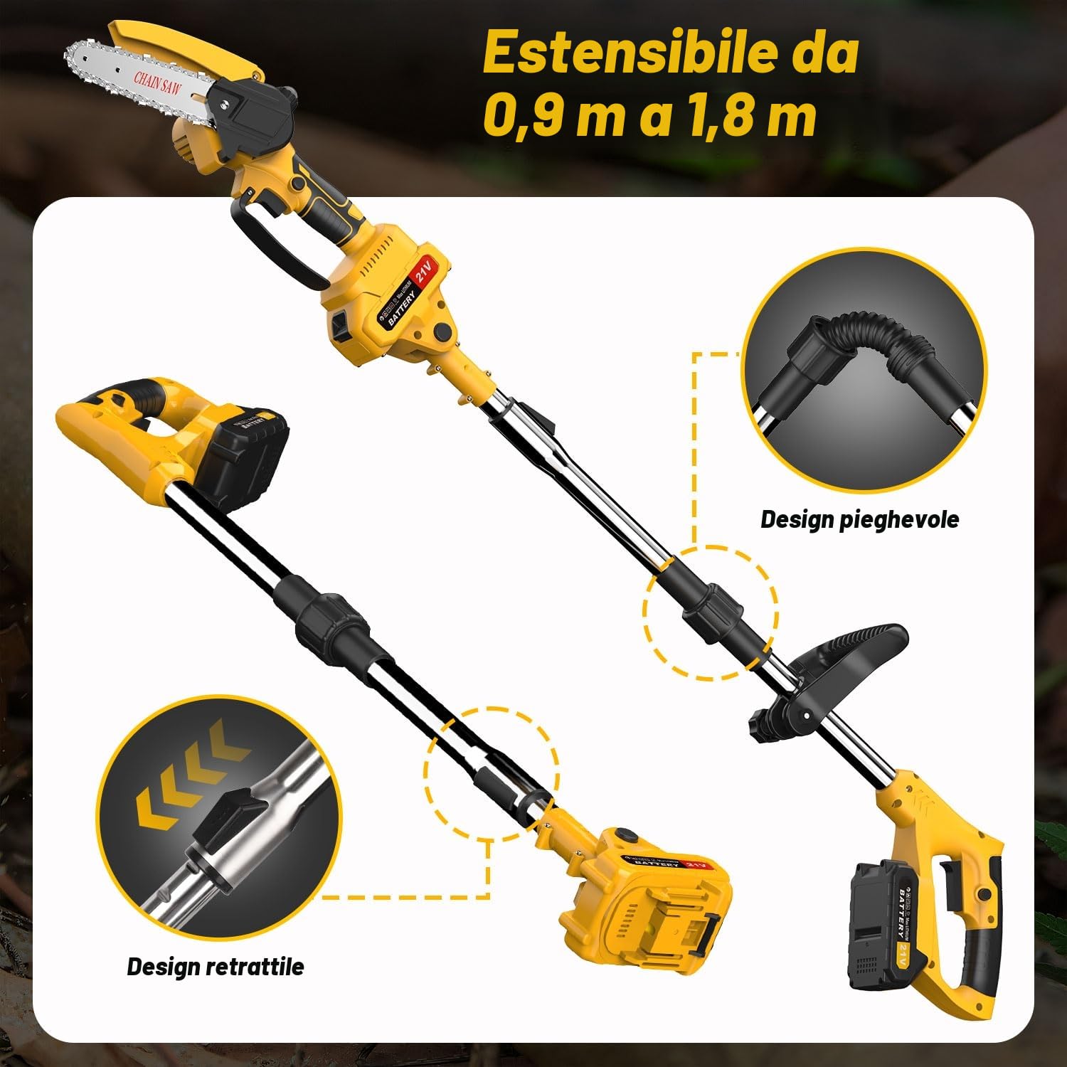 2 in 1 Motosega Telescopica & Mini motosega a Batteria 6 pollisi, Potatore Elettrico con Manico Telescopico Tanica per Olio Sega per Rami a 2Batteries 2000mAh, Adatta per Giardino, Cortile e Fattoria