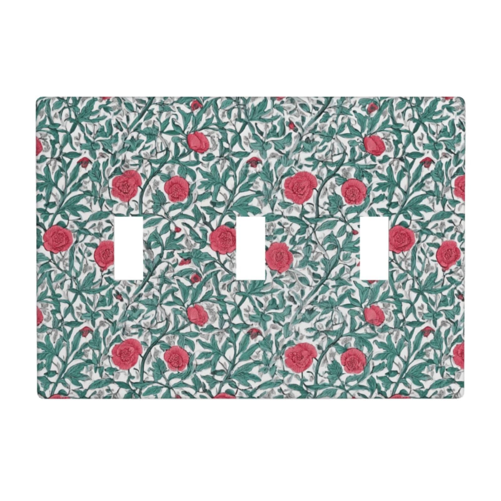 Woshuwo White Red Flowers Floral And Vine Pattern Light Switch Covers 3 Gang Triple Toggle Wall Plate Switchplate Electrical Faceplate For Bathroom Kitchen Bedroom Decor
