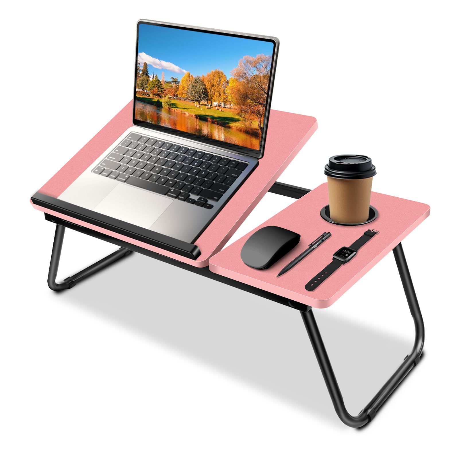 Laptop Desk, 5-Level Adjustable Height Laptop Bed Table with Foldable Legs & Cup Slot, Reading Holder, Lap Desk Tray Notebook Stand Breakfast Bed Tray Book Holder for Sofa,Terrace, Balcony (Pink)