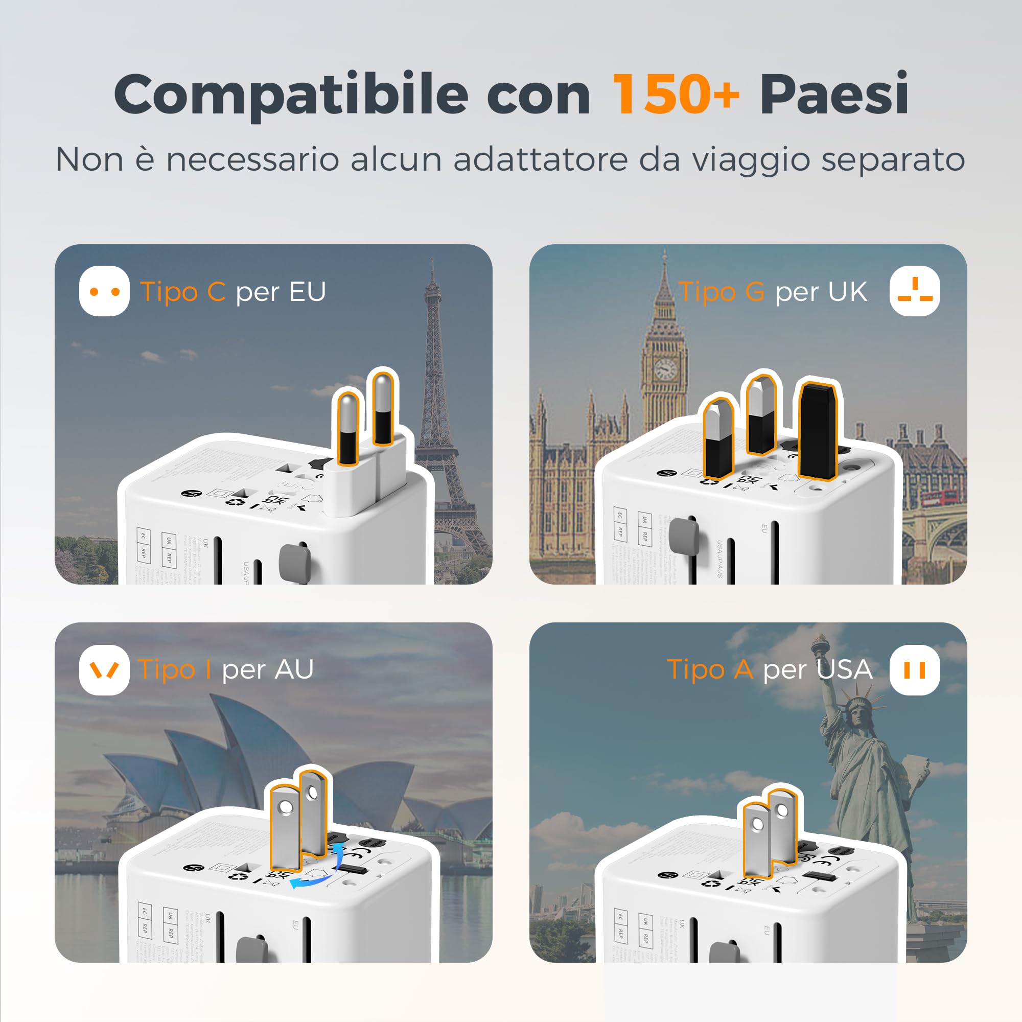 Adattatore Universale da Viaggio, TESSAN Presa Universale da Viaggio con 2 USB A e 2 USB C, Adattatore Spina Internazionale per Americana USA Giapponese UK Inglese Australia Messico Tailandia