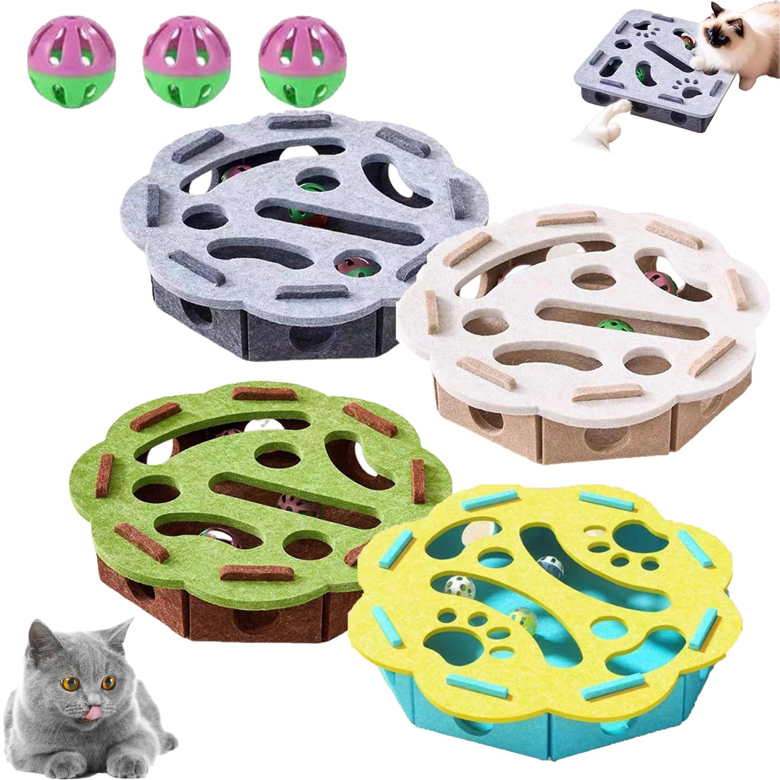 fjaldjfu Cat Scratch Puzzle Enrichment Box, 2026 New Cat Puzzle Felt Maze Box Cats Toys, Interactive Cats Nail File Scratch with 3 Bell Balls, Stimulate Kittern Energy and Instincts (Round-4pcs)