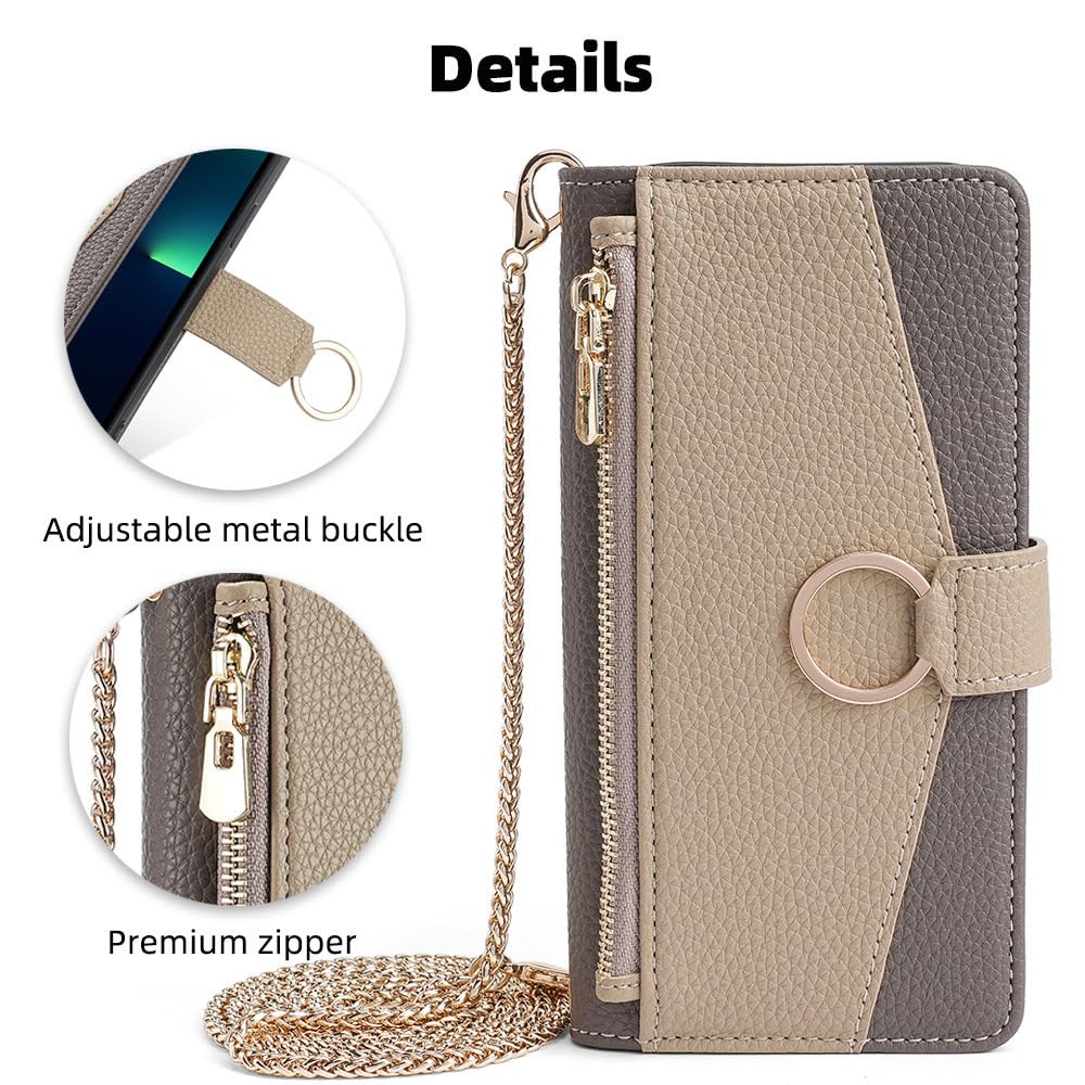 LVTFCO Funda Tipo Cartera de Cuero con Tapa Cruzada para iPhone 14 13 12 11 Pro XS MAX XR X 7 8 6 6S Plus SE 2020 2022 Funda con Anillo para Ranura para Tarjeta, Gris, para iPhone 7 (8)