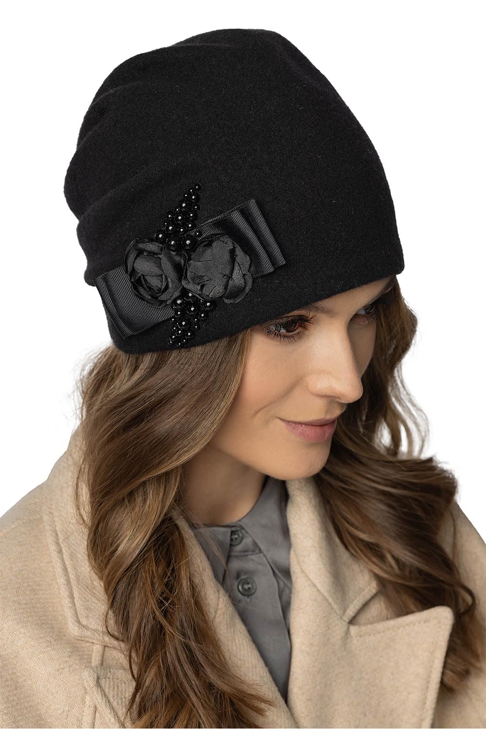Vivisence Cappello Donna Elegante Fatto A Mano in Alpaca di con Piega Decorativa E Fodera in Pile Applicazione di Rose in Raso E Perle Antistatico Perfetto per l'inverno Idea Regalo