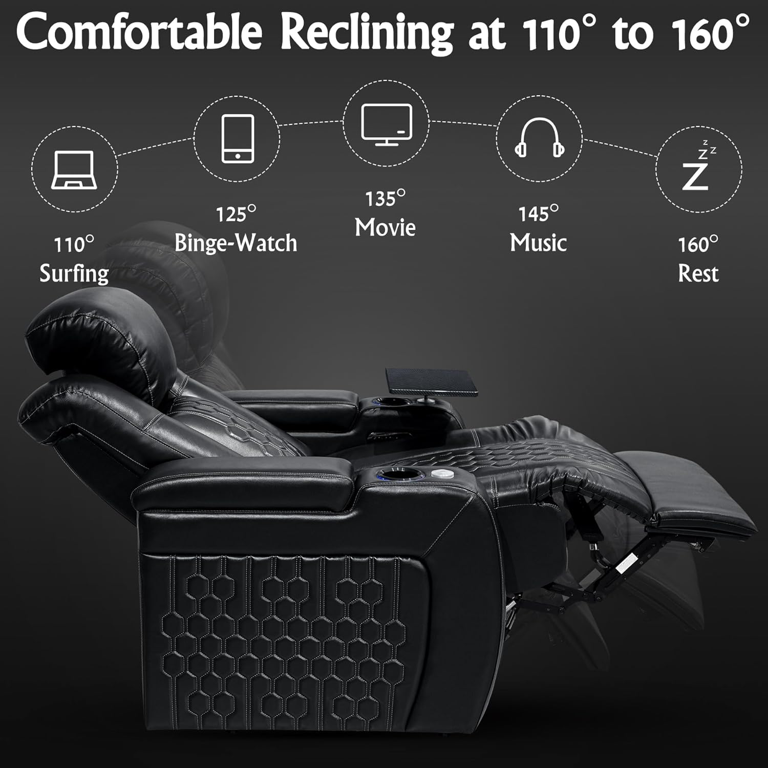 Home Theater Seating,Top-Grain Leather Recliner Sofa, Zero Gravity Power Reclining Couch with Ambient LED Lights, Cup Holders & USB, Tray Table-Single Black