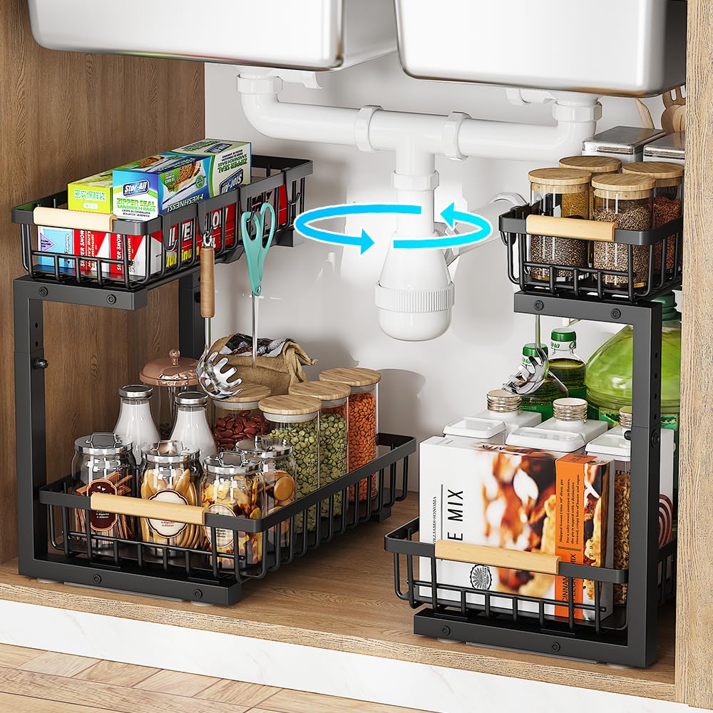 Organizador para debajo del fregadero, organizador de metal de 2 niveles para debajo del fregadero y almacenamiento, estante organizador de armario deslizante de altura ajustable para cocina,