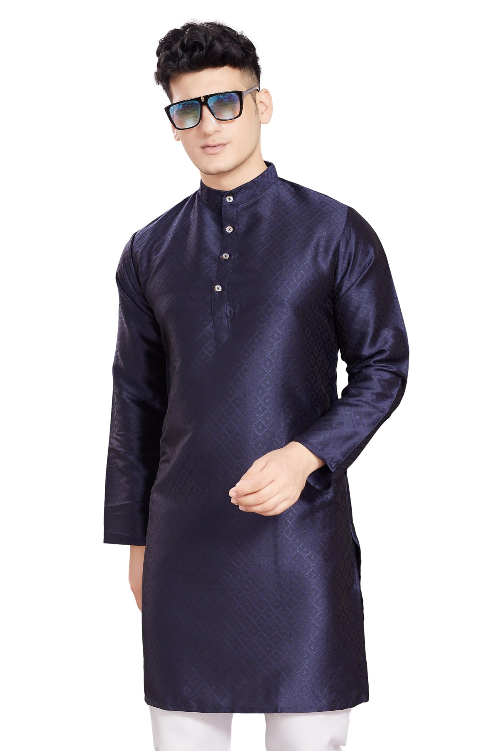 Divisive Men's Self Woven Jequard Art Silk Slim Fit Only Kurta (Dkrt402_M_Navy)