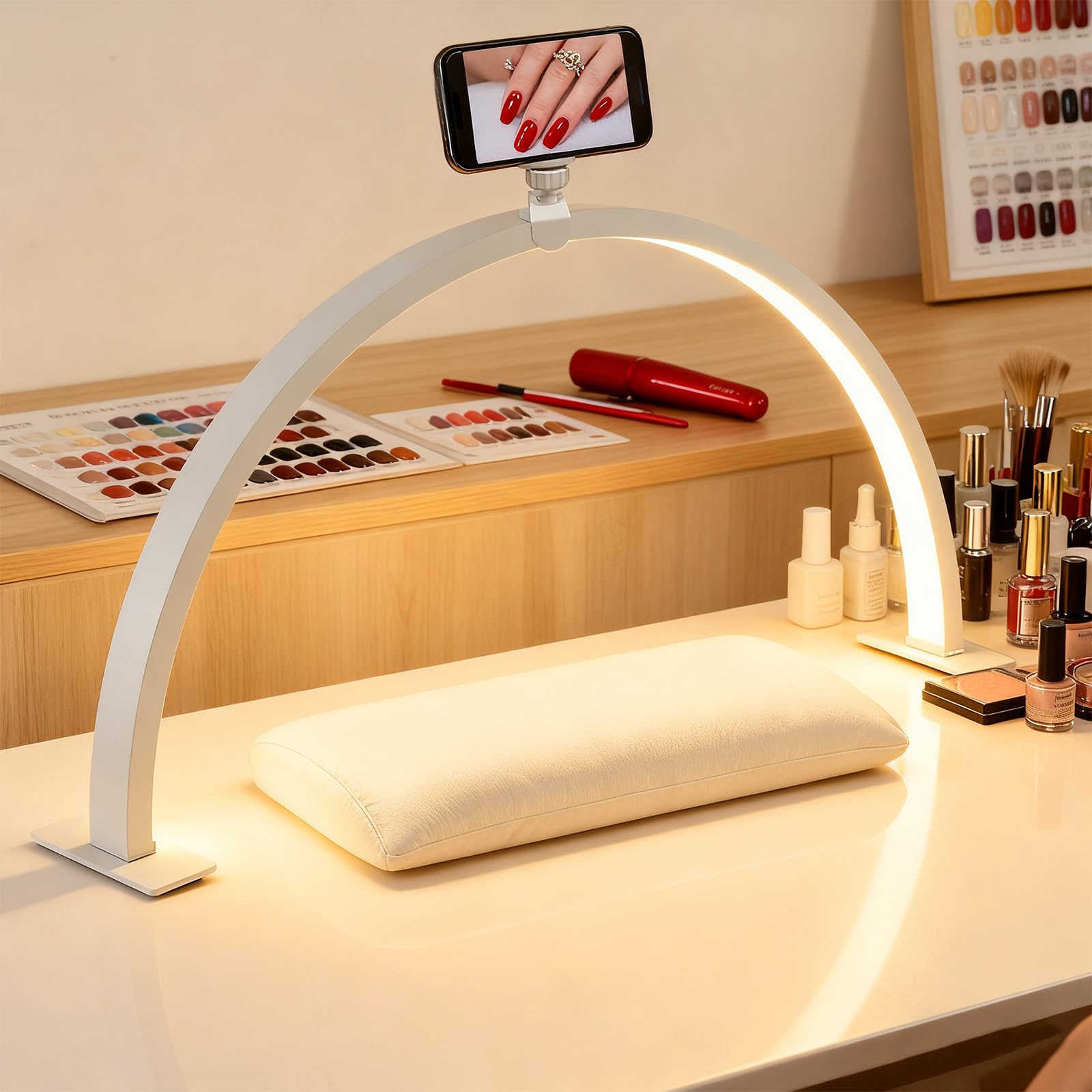 Half Moon Light for Nail Desk, 21.7" Foldable LED Nail Lamp with Phone Holder, 36W Nail Tech Table Lamp,3 Color Modes 10 Brightness Adjustable for Manicure Eyelash Extension, Tattoo,Skincare (White)
