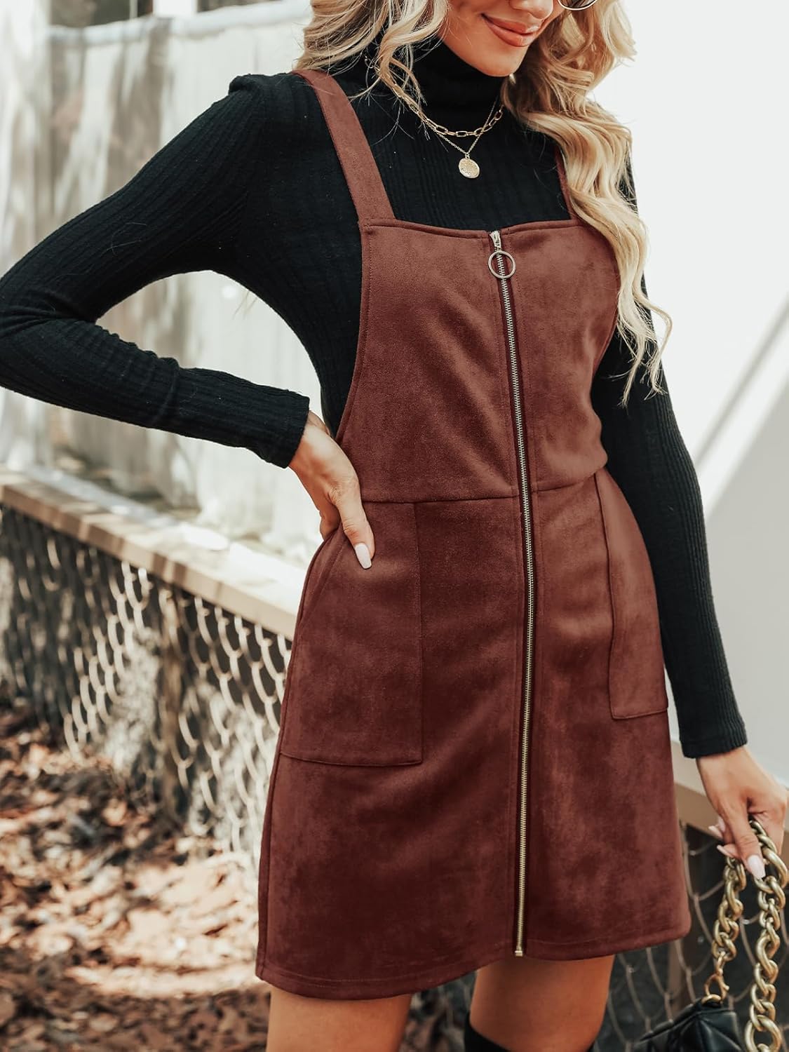 CUPSHE Faux Suede Mini Fall Dresses for Women Square Neck Pull Ring Zipper Front Pockets Wide Straps Casual Autumn Dress - Image 3