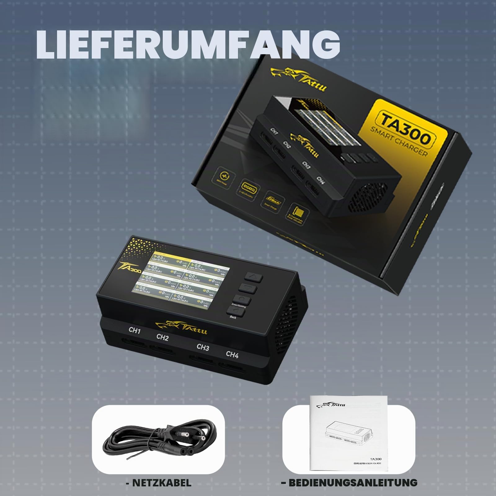 TATTU TA300 8-Kanal LiPo Ladegerät (8x30W), Intelligenter Smart Charger für Drone Soccer (2-4S LiHV Akkus), Max 2A mit Typ-C 60W & Lagermodus
