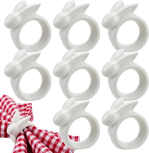 Juego de 8 servilleteros de conejo de Pascua, servilleteros de porcelana blanca, servilleteros de conejo para servilletas de tela, decoración de