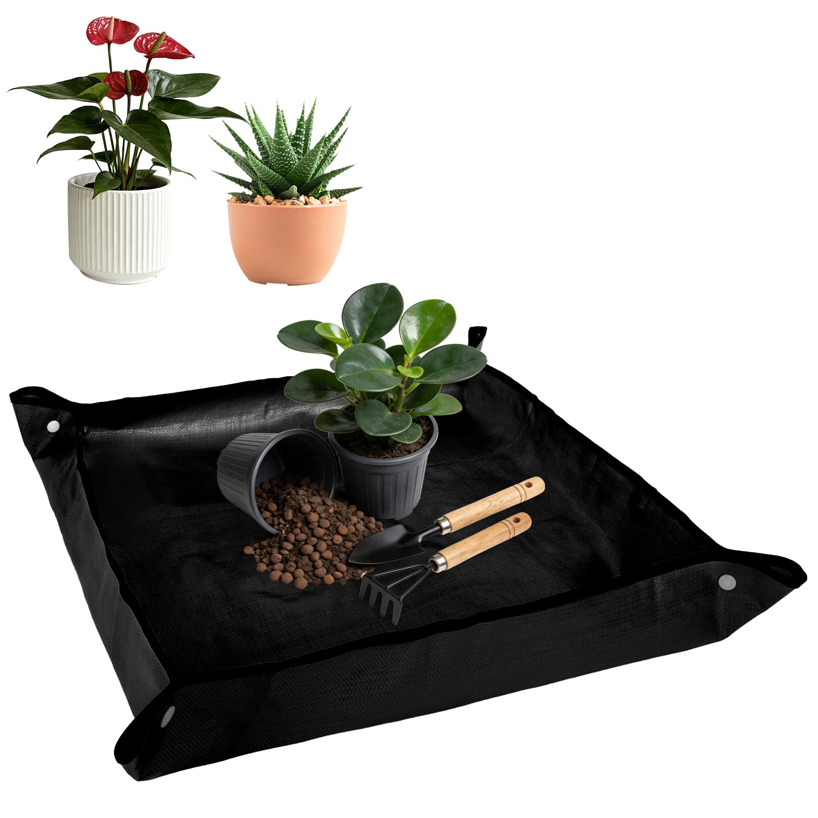 AOOWU Faltbare Pflanzen-Umtopfmatte, Pflanze Umtopfmatte Wasserdicht, Tragbare Gartenmatte, Umpflanzmatte Indoor, Pflanzunterlage für den Umtopf, Sukkulenten, Sämling, Schwarz (100 * 100CM)