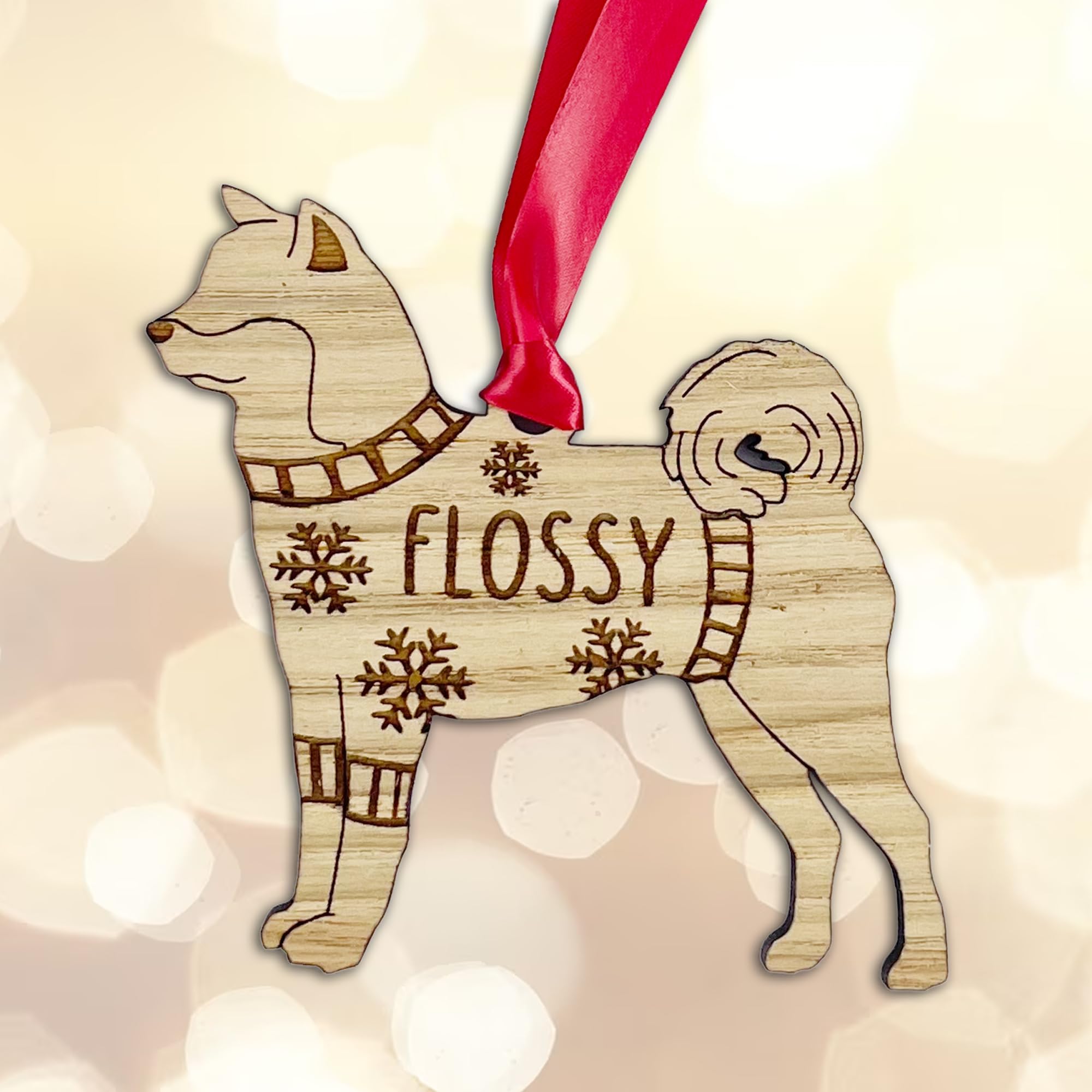 Personalised Akita Dog Christmas Tree Bauble Decoration, Wearing a Dog Jumper Design with Snowflakes, Customised Puppy Hanging Ornament, Oak Veneer Wood with Red Ribbon