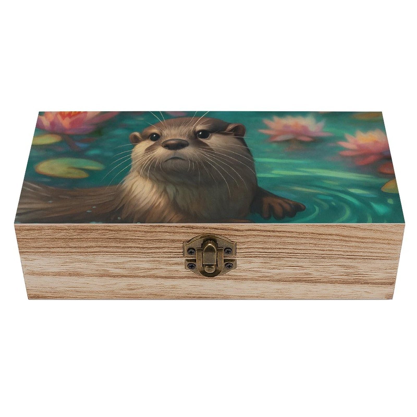 Cute Otter And Pretty Lotus Wooden Storage Vintage Keepsake Decorative Boxs