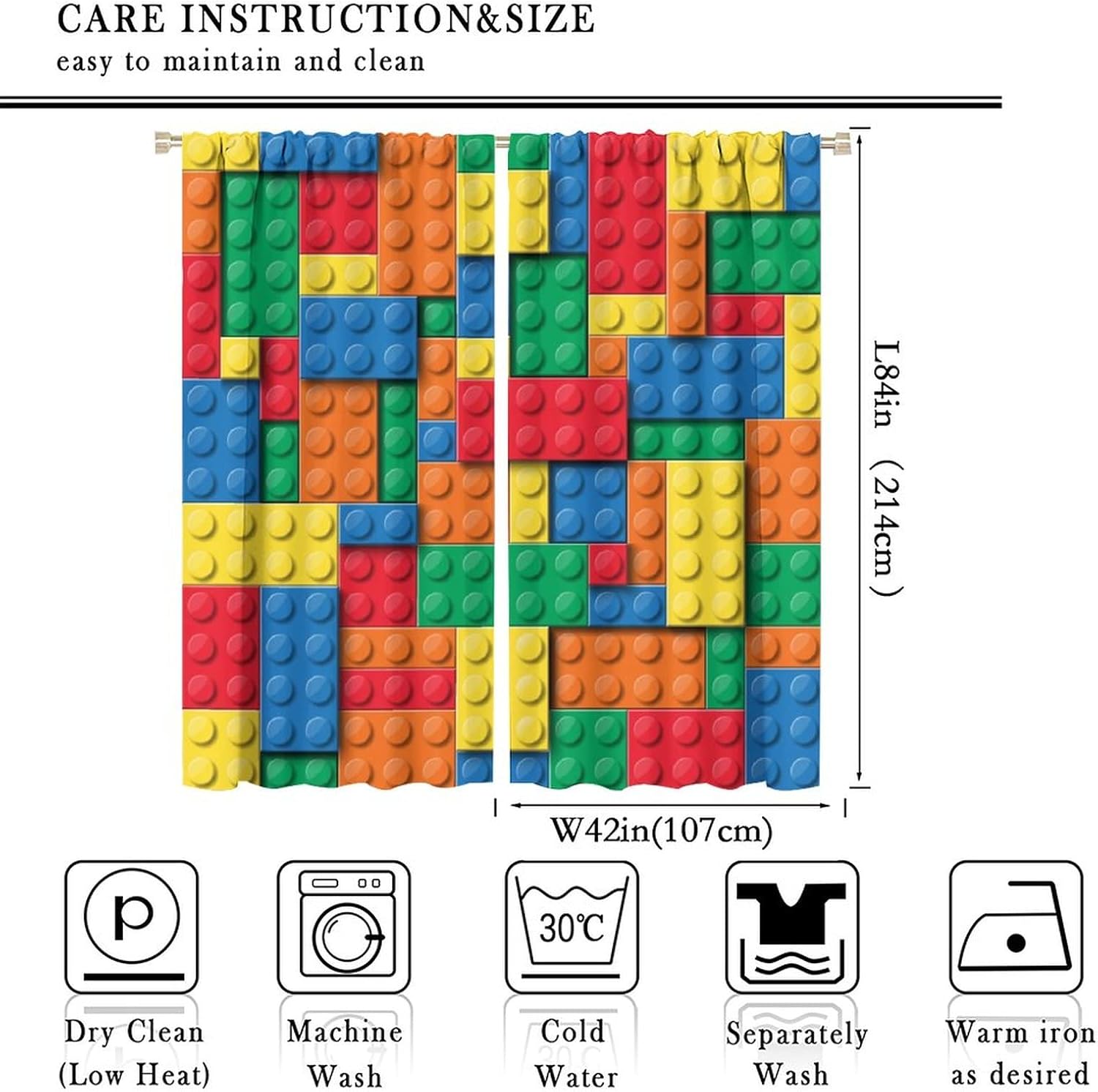 Colorful Toy Curtains for Kids Bedroom,3D Design Building Brick Blocks Printed Window Treatments for Boys Girls Room Living Room Study Nursery Drapes 2 Panels Set,Total Size 84 x 84 Inch