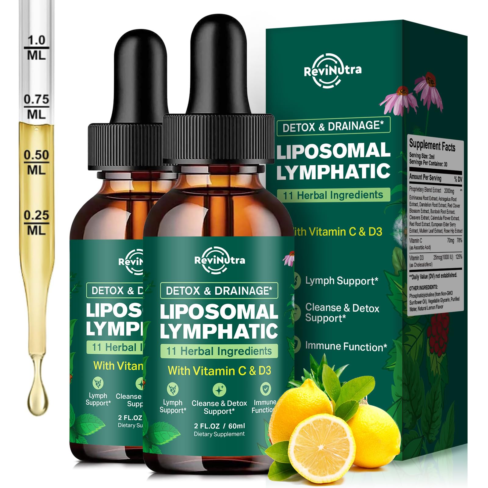 Liposomal Lymphatic Drainage Liquid Drops - Lymphatic Support Supplement with Dandelion Root, Cleavers, Echinacea, Calendula for Immune, Detox Cleanse, Lymph System Support, Lemon Flavor, 4 Fl Oz Lemon 2 Fl Oz (Pack of 2)