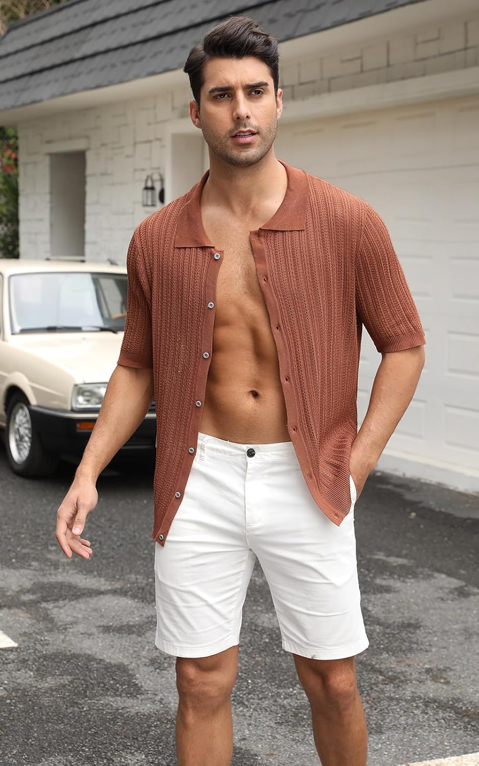 Sumolux Mens Knit Button Down Shirt Short Sleeve Polo Shirts Vintage Shirts Texture Casual Summer Beach Shirt - Image 3