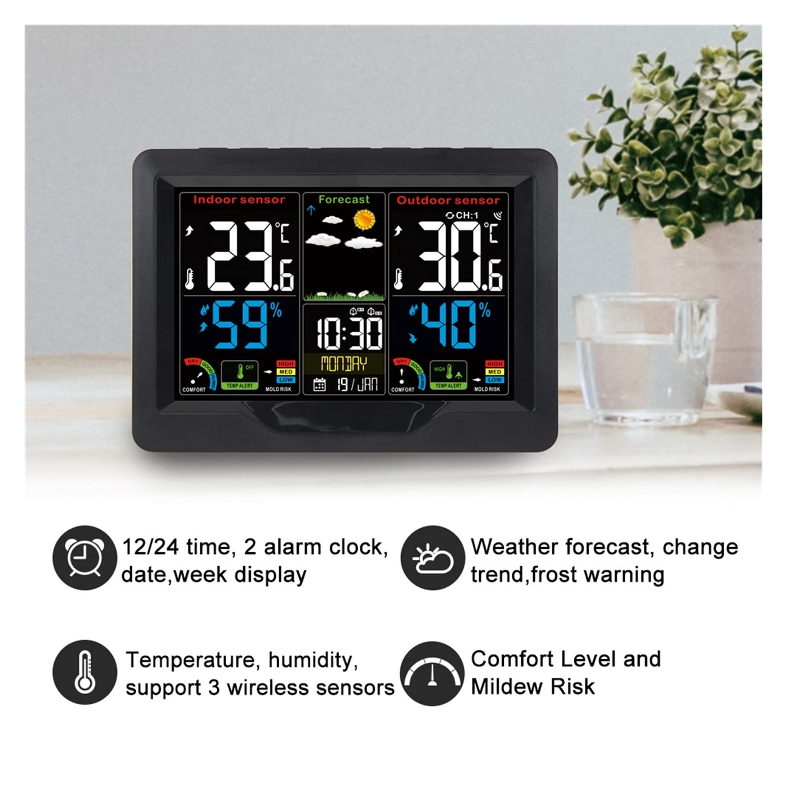 Stacja pogodowa Stacja pogodowa Cyfrowy termometr Higrometr Miernik temperatury i wilgotności Wyświetlacz LCD Czujnik Kolorowy wyświetlacz Wewnątrz Na zewnątrz(Black-2 Outdoor Sensor EU)