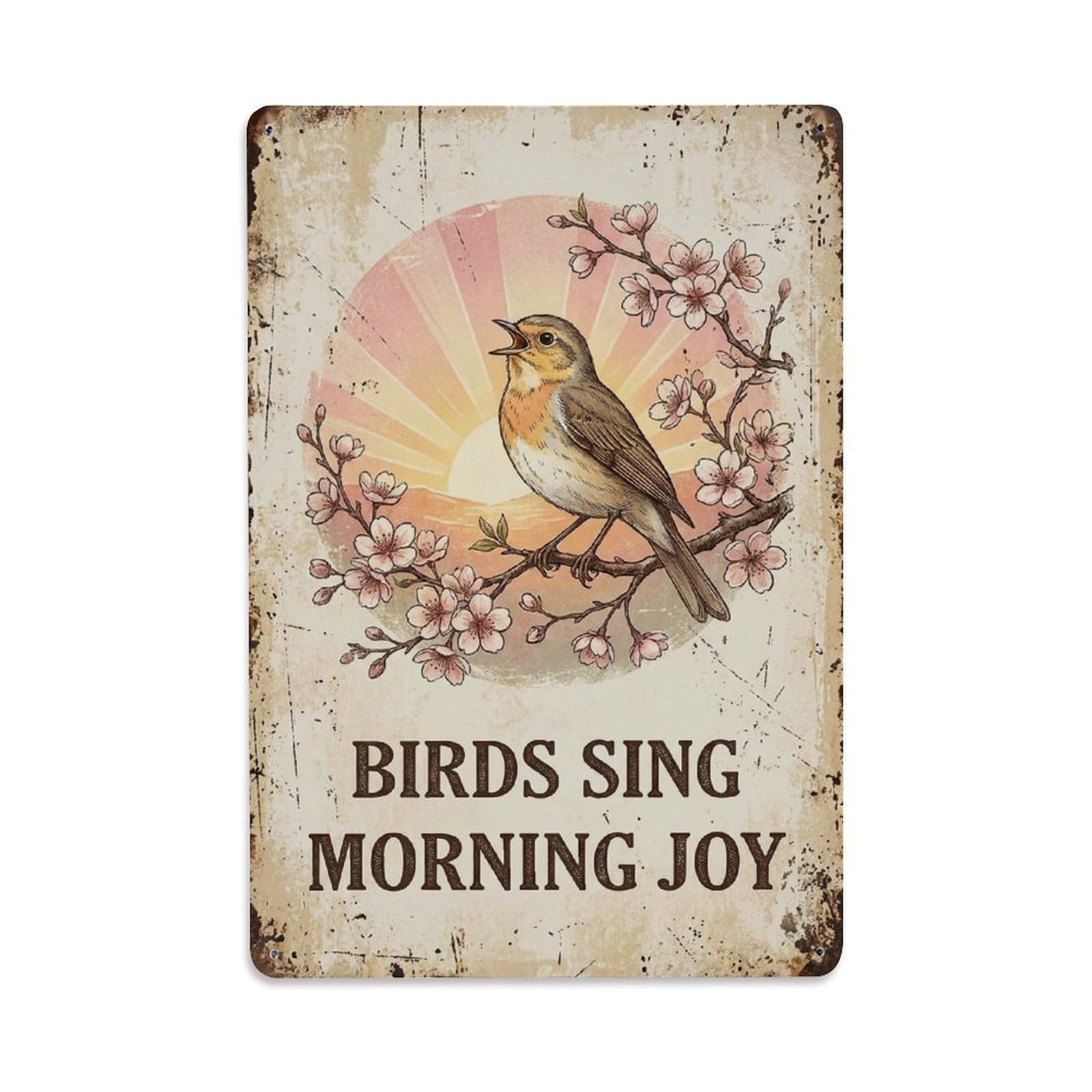Okngb Style Folk Songbird Wildlife Quote Sing Morning Joy Metal Tin Sign Plaque Wall Decor For Cafe, Man Cave, Club Bar, Office, Home Garden Round Metal Poster 8X12inch