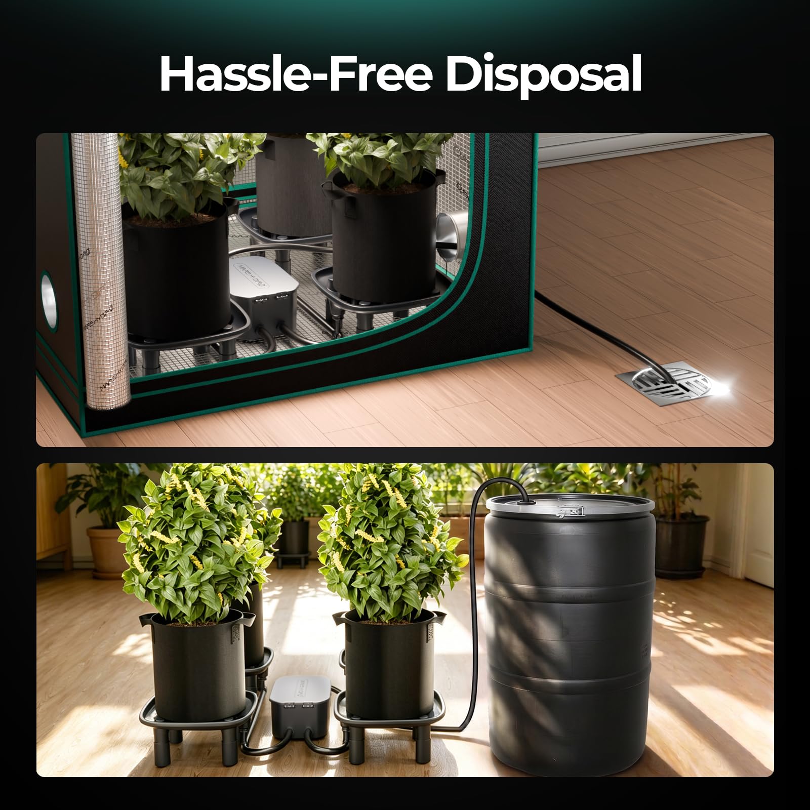 MARS HYDRO Automatisches Entwässerungssystem für Growzelt, 3er-Pack Drainage Schalen mit 25W Auto-Sensor Wasserpumpe, 5-Gallonen Grow Bags & Sammelbehälter, Automatisches Runoff-Kit für Indoor-Growing