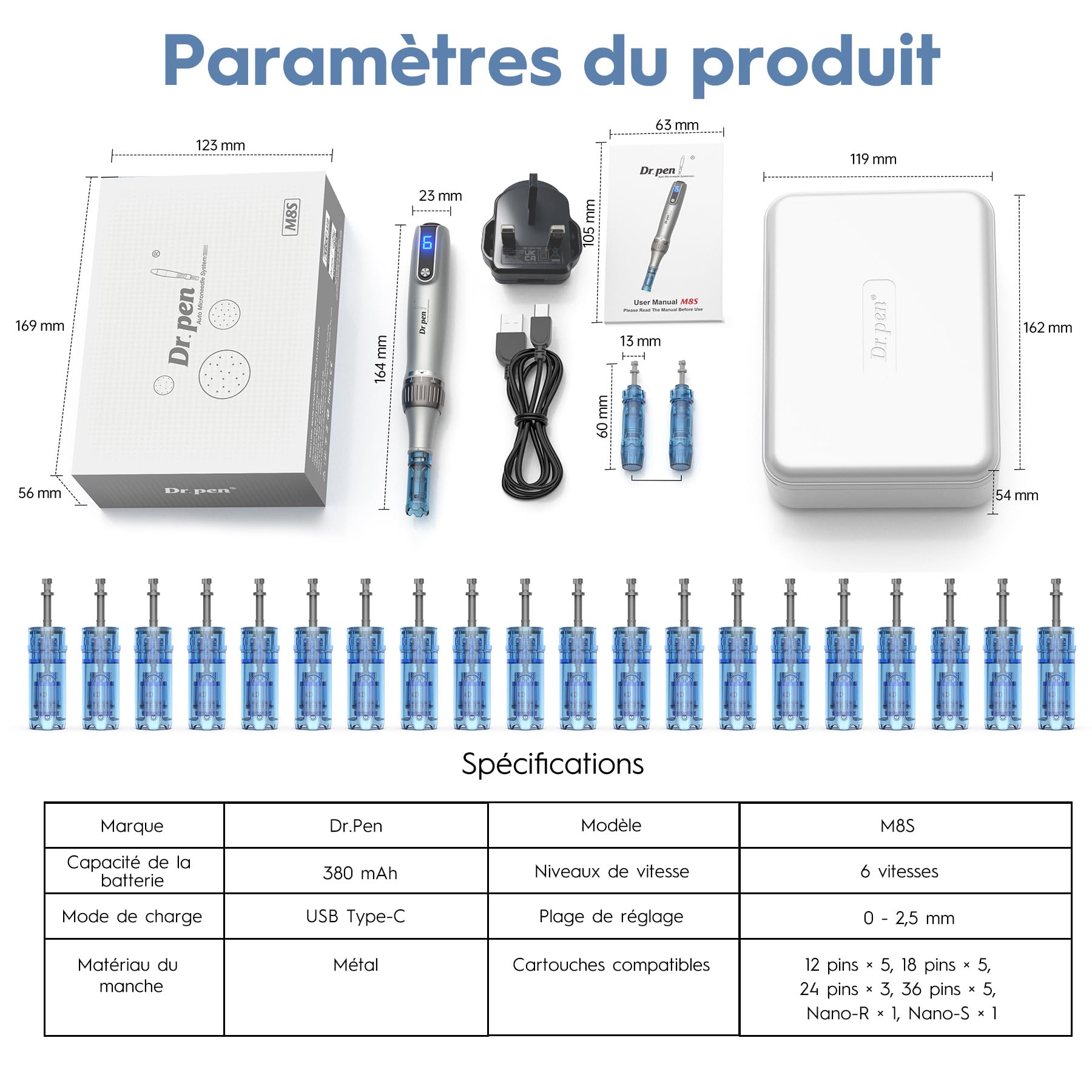 Dr. pen Ultima M8S Microneedling Pen, Stylo de Microneedling Professionnel Sans Fil avec 20 Cartouches, 6 Vitesses Réglables et Affichage LED, pour la Croissance du Visage, Corps, Cheveux