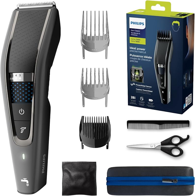 Philips Hairclipper Series 7000-28 Length Settings - 100% Washable - Can be Used with or Without a Cord - 90 Minutes of Battery Life - 3 Combs - Travel case - HC7650/15