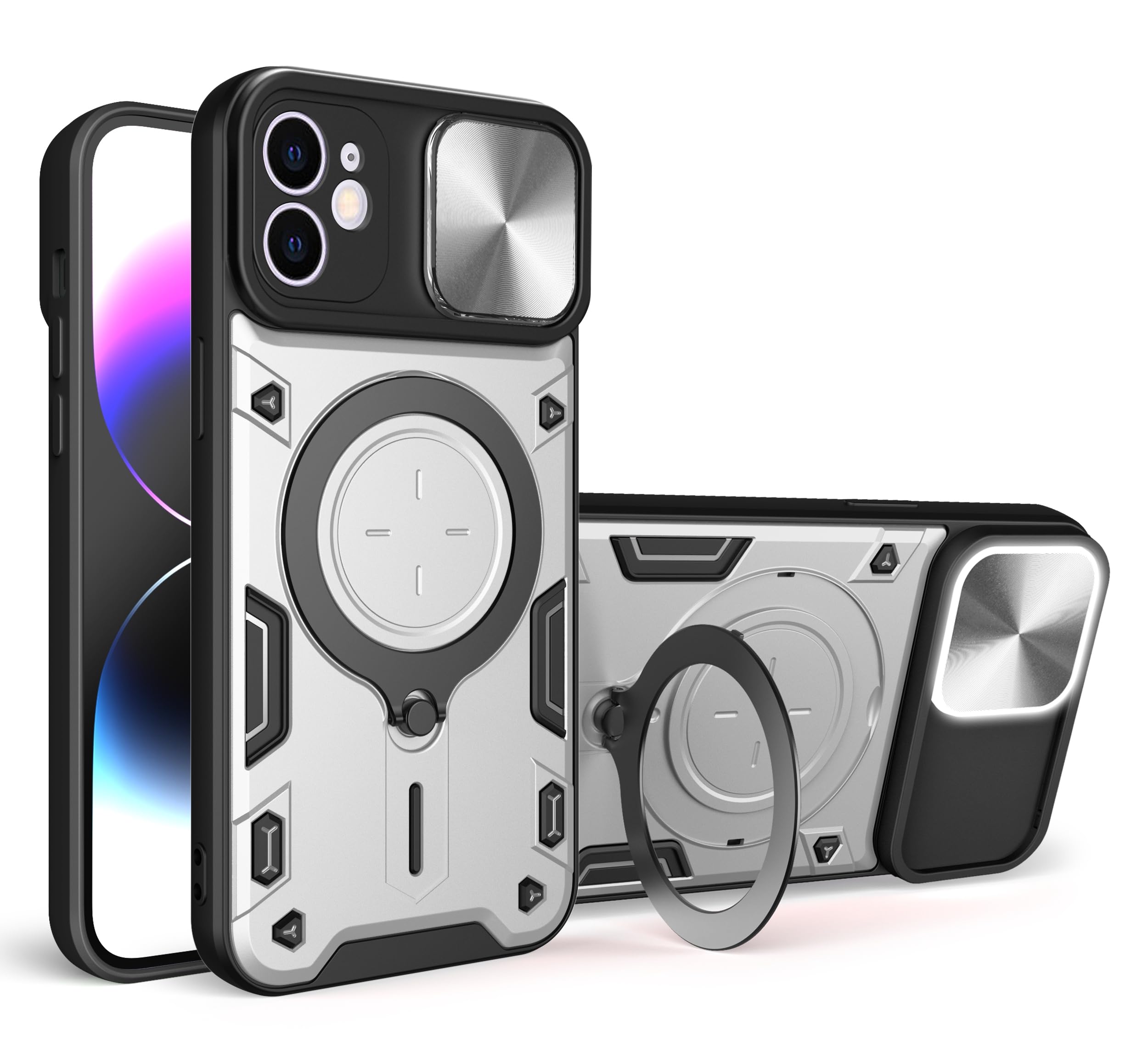 SORAKA Case for iPhone 12 with Ring Holder and Slide Camera Cover iPhone 12 case with Metal Plate for Magnetic Car Mount Rigid PC Cover Soft TPU Bumper Rugged Case Sliver
