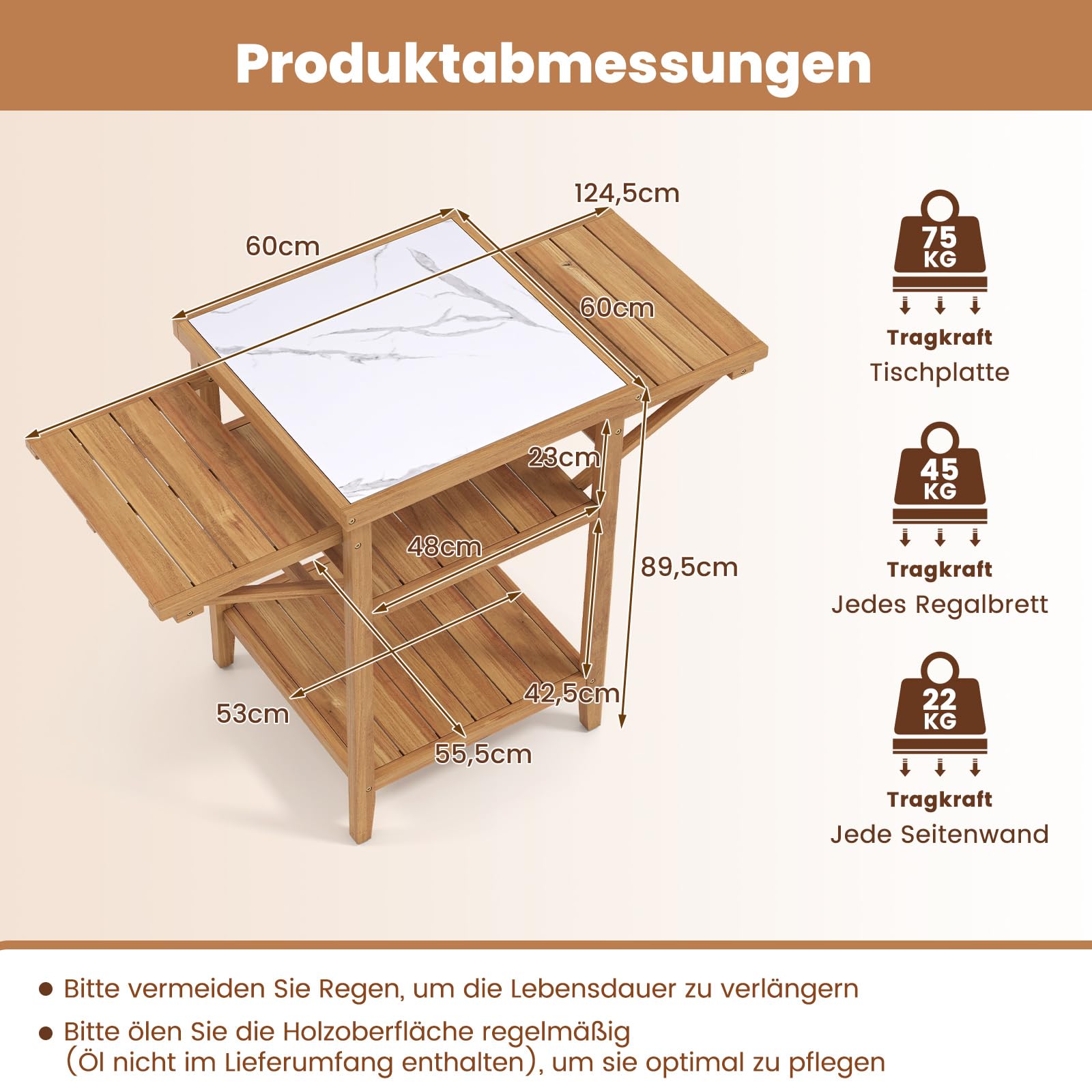 COSTWAY Grilltisch Outdoor, Campingtisch aus Akazienholz, Gartentisch mit 2 klappbaren Seitenablagen, 2 offene Ablage & Tischplatte in Marmoroptik, BBQ-Tisch für Grillen Camping Garten, Natur