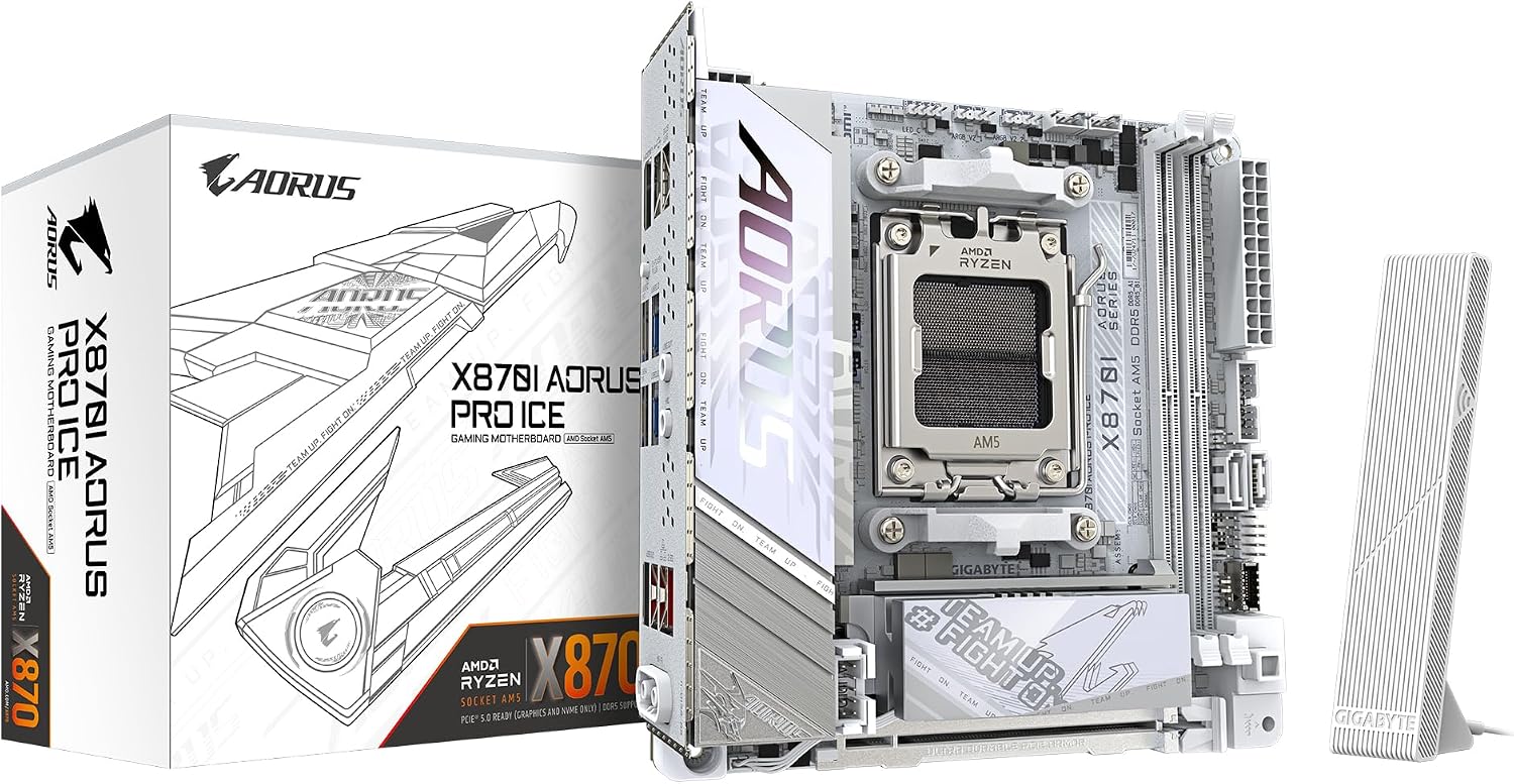 X870I AORUS PRO Ice Motherboard - Supports AMD Ryzen 9000 Series CPUs, 8+2+1 Phase VRM, up to 8400MHz DDR5 (OC), 1xPCIe 5.0 M.2 + 1xPCIe 4.0 M.2, WI-FI 7, 2.5GbE LAN, USB 4