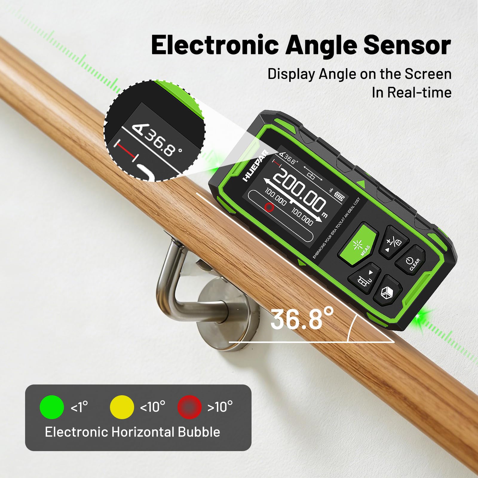 Dual Laser Entfernungsmesser Mit Bluetooth, Huepar 200M Grün Laser Messgerät Entfernungsmesser mit Laser, hintergrundbeleuchtetem LCD, Messung von Entfernung, Fläche Volumen und pythagoreischem Modus