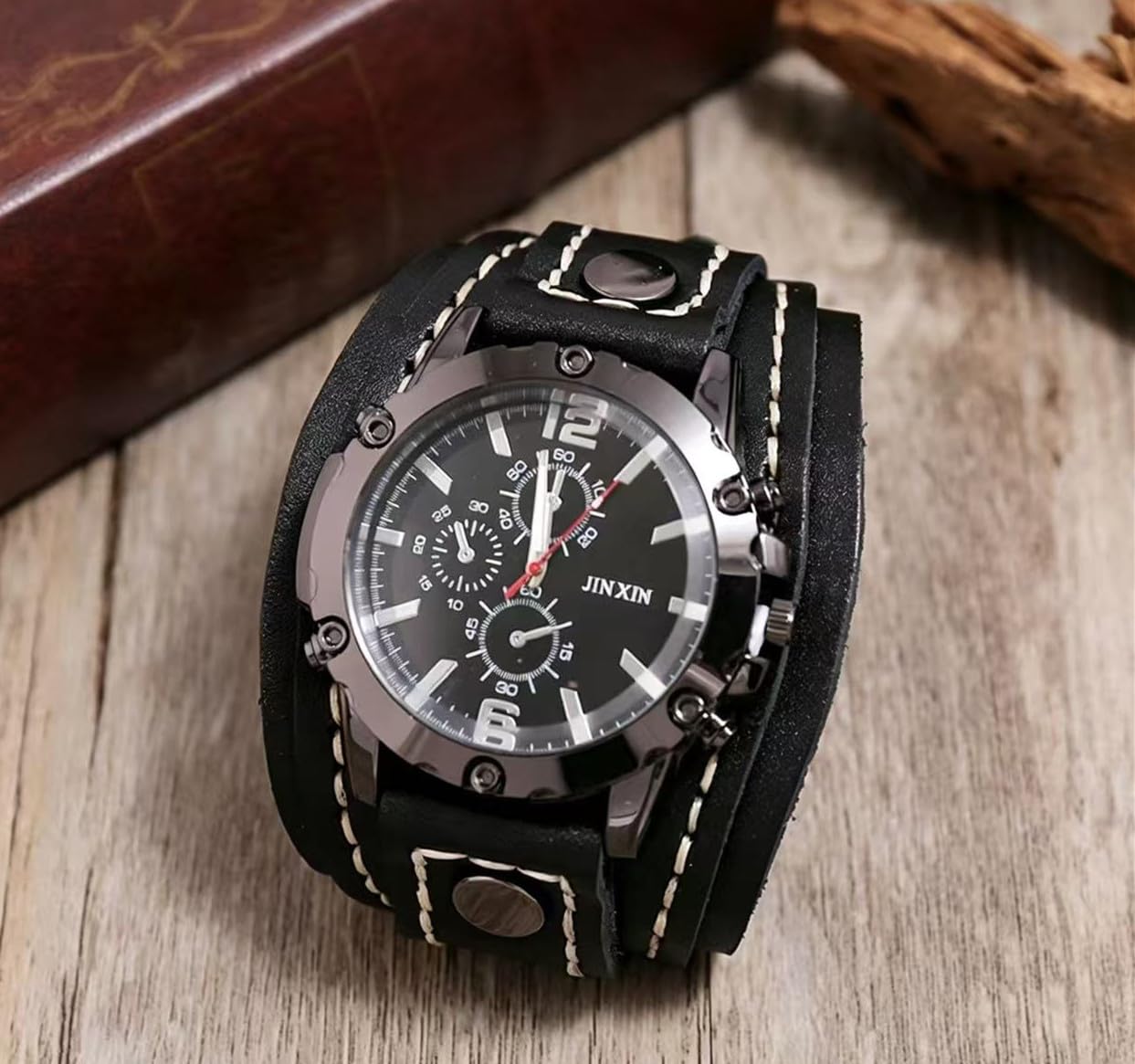 MINILUJIA Reloj de pulsera de cuarzo hecho a mano, estilo punk hip-hop, gótico, ancho, de piel sintética, esfera redonda, esfera grande, negro y marrón, Negro -, Vintage Punk Hip-hop