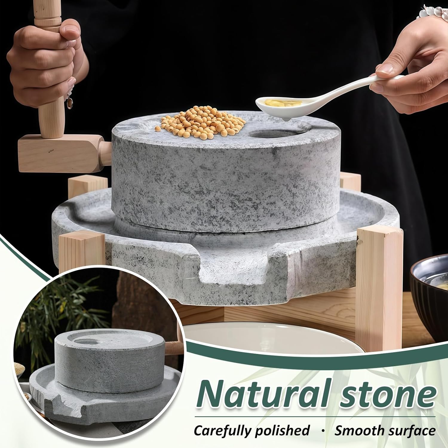 Natural Granite Stone Grain Mill, Vintage Handmade Manual Stone Mill Grinder with Wooden Frame for Flour, Wheat, Soybean, Spices, Barley(7.9x11.8in)