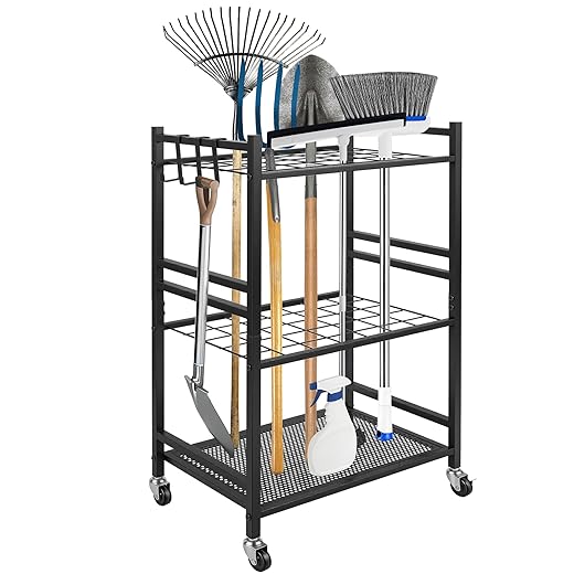 REDCAMP Garden Tool Organizer,Yard Tool Tower Rack for Garage,3 Tier Metal Yard Tools Storage up to 35 Long-Handled Tools/Rakes/Brooms, Heavy Duty Garden Tool Organizer for Garage, Yard, Patio, Shed