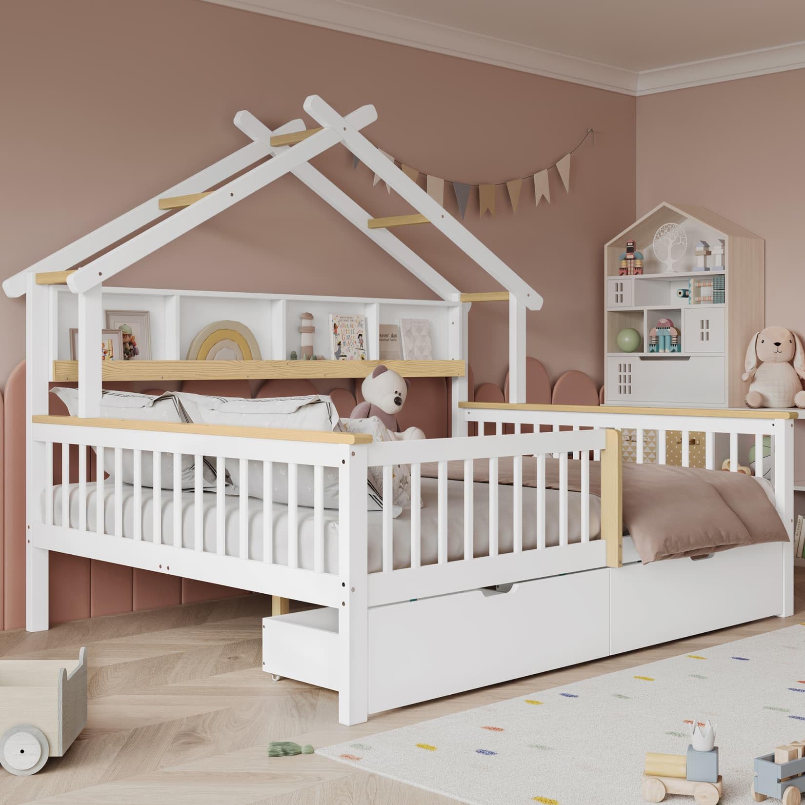 PUGSDRLY Lit Enfant 140x200cm avec 2 Tiroirs sur roulettes,Lit Cabane Enfant avec Barrières et Compartiments de Rangement,Cadre en Pin avec Sommier à Lattes,sans Matela
