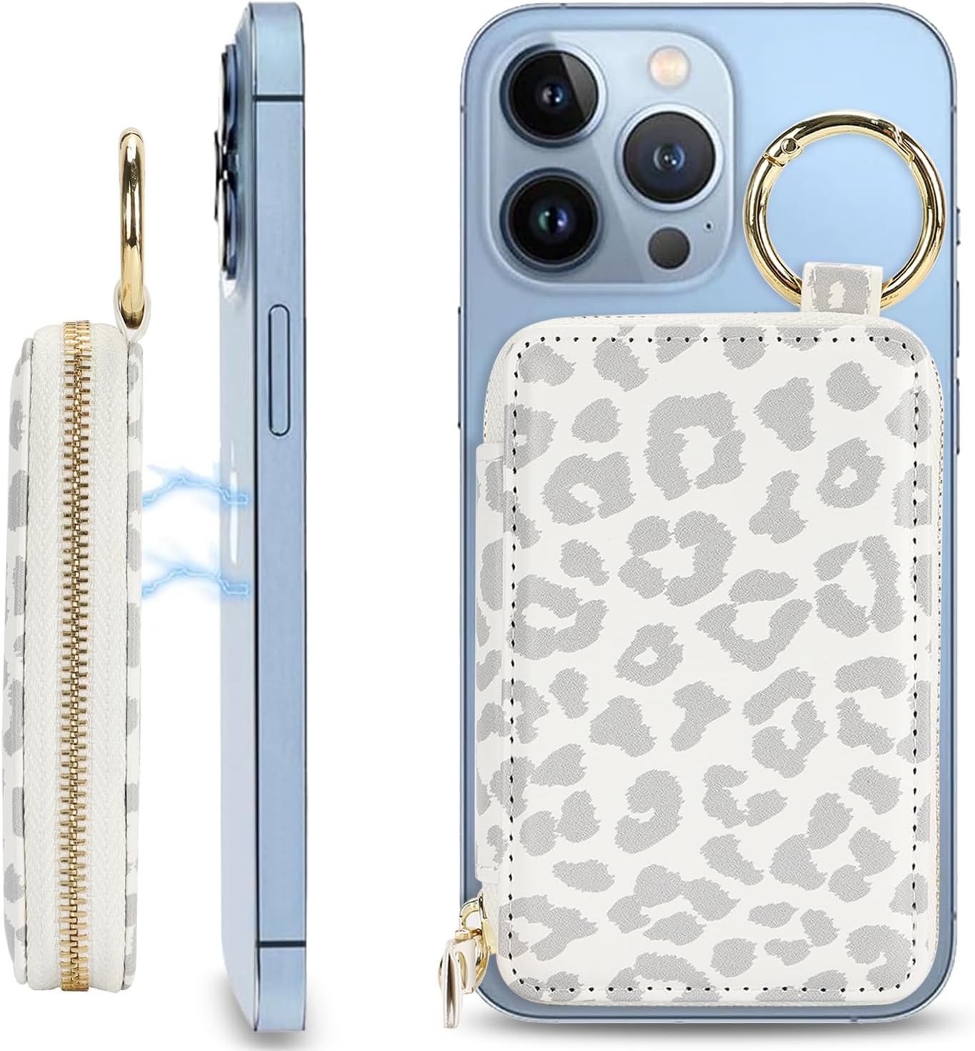Compatible with MagSafe Wallet,Magnetic Phone Wallet Card Holder for iPhone 17/16 Pro Max/15 plus/14 Pro/13/12 Series,PU Leather Zipper Pocket Adjustable Stand-White Leopard - Image 6