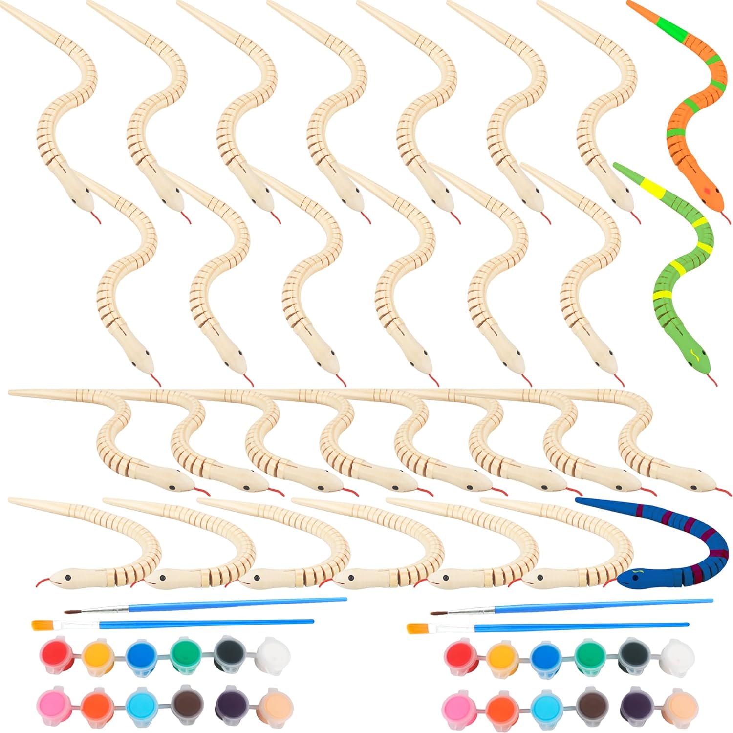 Hoarost 30 Pcs 12 Inch Unfinished Wooden Snake Toy DIY Wood Wiggly Snake with 12 Colors 3 ml Acrylic Paint and 2 Pcs Paint Brush for Halloween Birthday Party Arts and Crafts Project