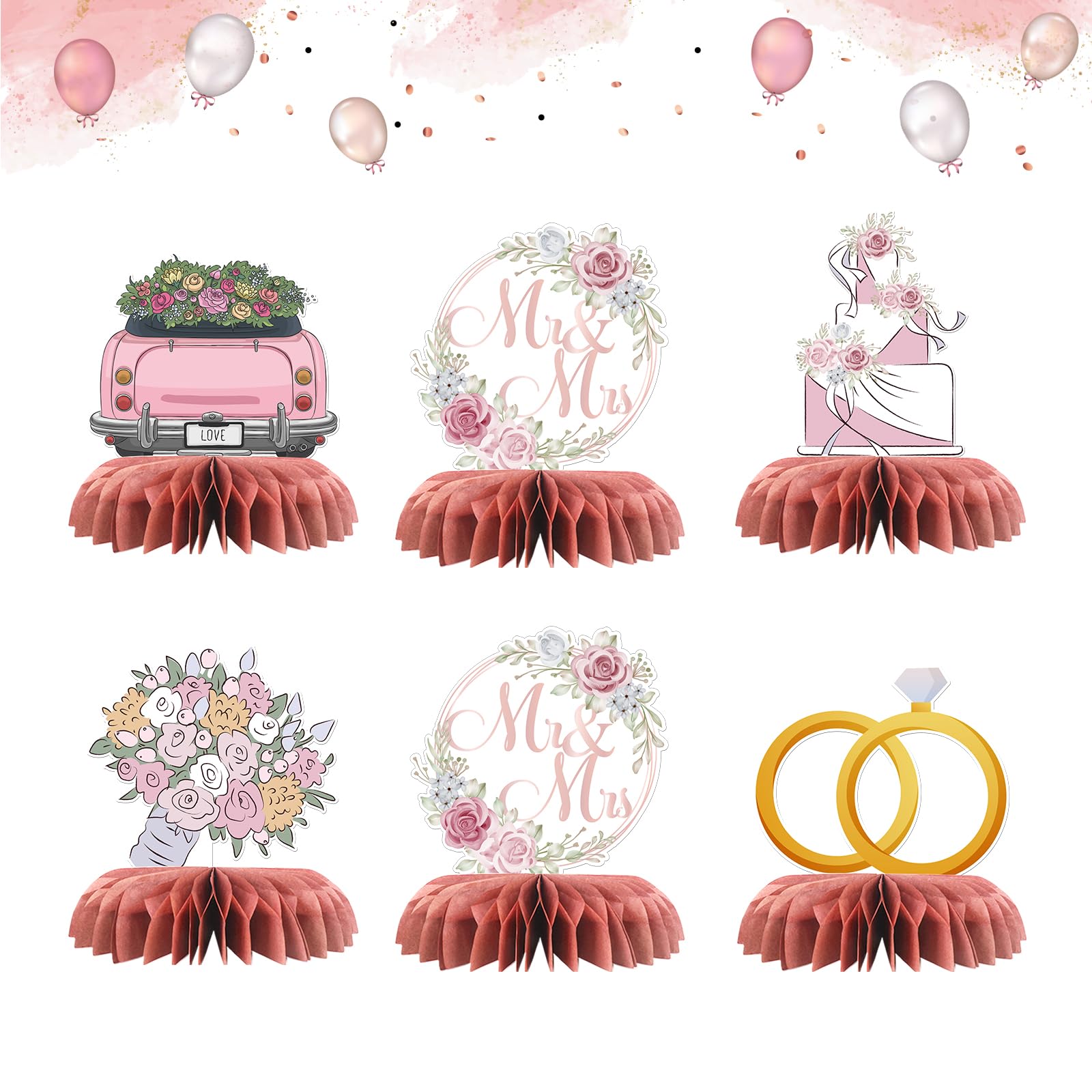 Mr and Mrs Table Honeycomb Centerpieces, Wedding Table Topper Paper Poster Centerpieces Bridal Shower Party Table Sign Bride & Groom Wedding Engagement Party Decorations 6 PCS