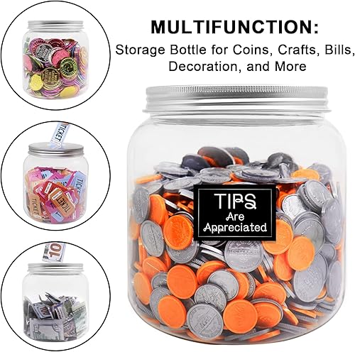 Miniatura 3 de Paquete de 2 monedas de plástico transparente grande con tapa ranurada plateada, monedas de plástico grandes, alcancía para cambio de dinero, tarro