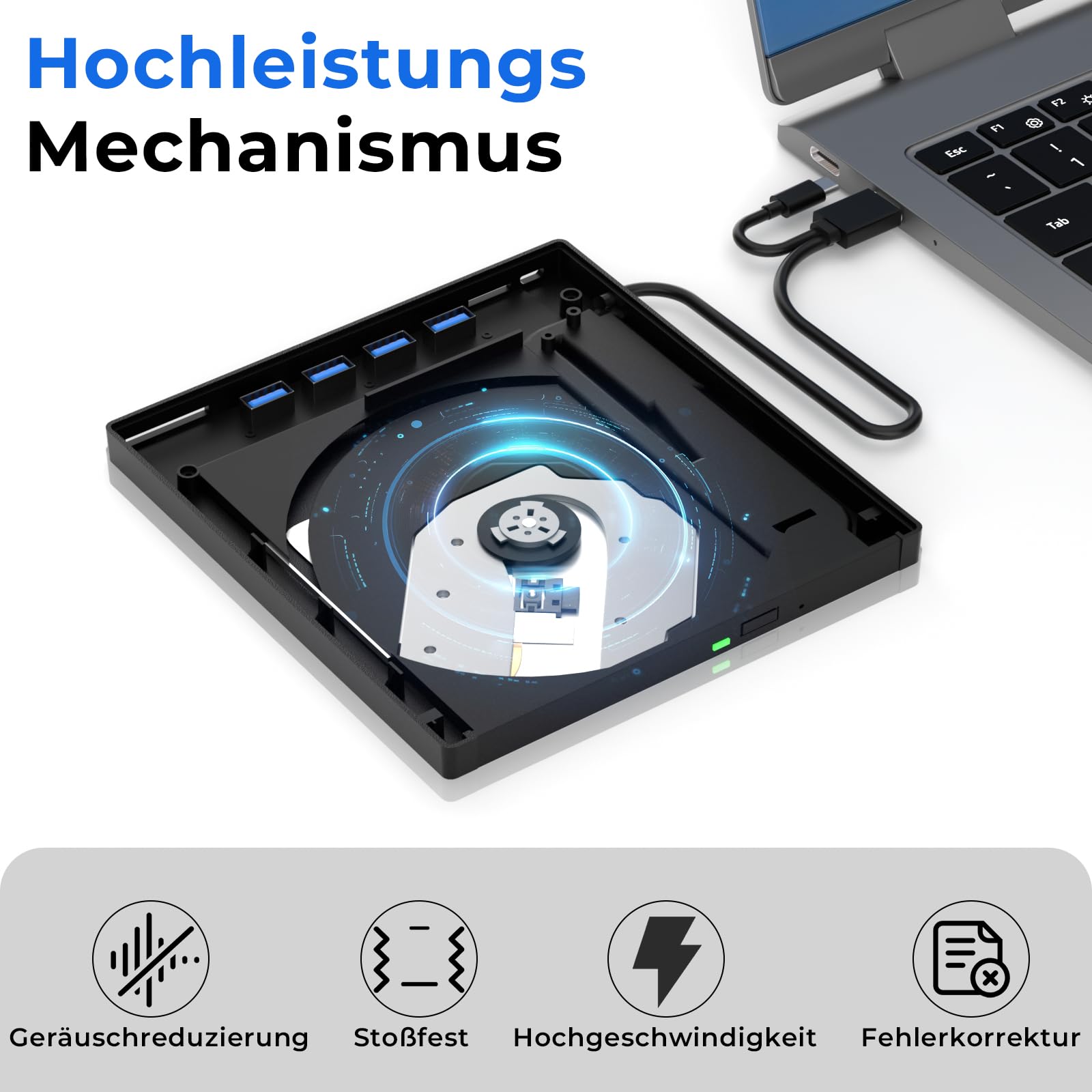 Externes Blu-ray Laufwerk, DVD/BD Player Lesen/Schreiben, Blu-ray Laufwerk, Externes USB Laufwerk mit 4 USB Ports und 1 SD/TF Slot USB 3.0 Type-C Blu-ray Laufwerk Drive für Laptop PC Windows Mac OS
