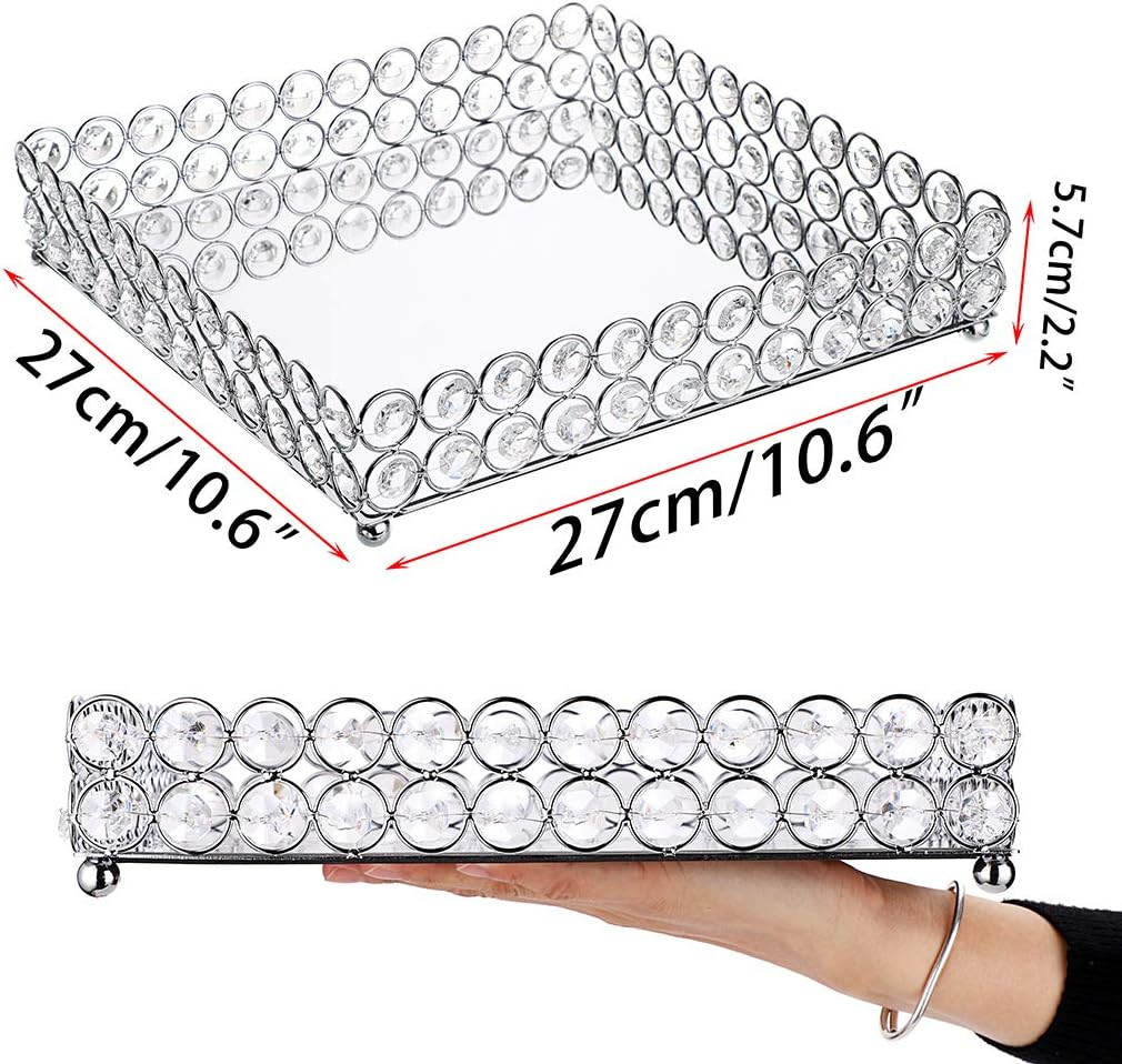 Hipiwe Crystal Vanity Tray Makeup Tray Large Morror Perfume Tray Square Jewelry Trinket Organizer Tray Cosmetic Tray Home Decorative Tray Birthday Gift for Women Girls, 10.6 inch