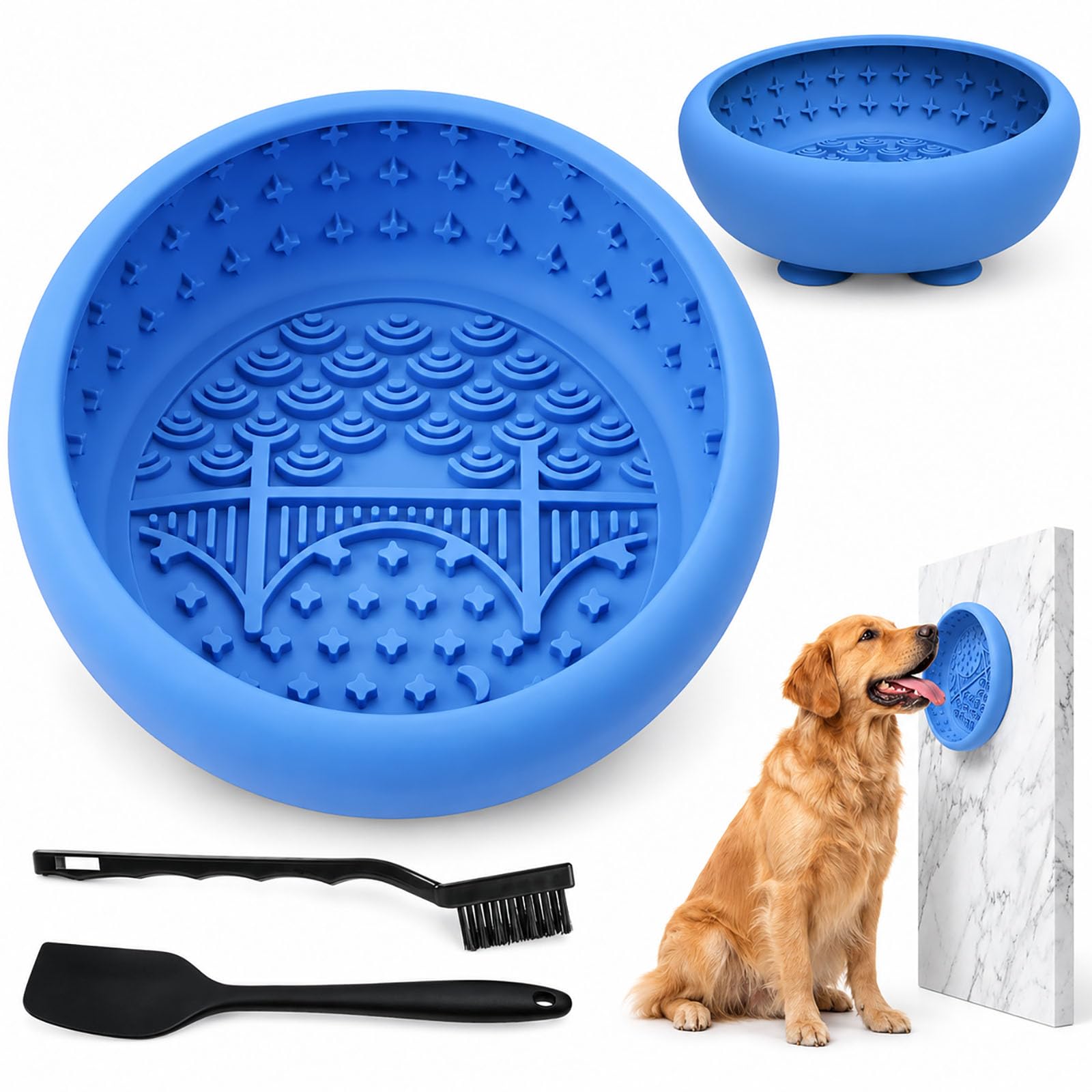 Slow Feeder Dog Bowl, Silicone Lick Bowl with Cleaning Brush Scraper