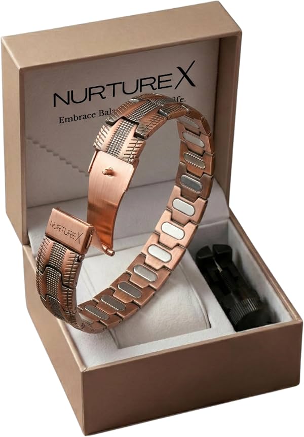 Pulsera Magnética de Cobre o Titanio para Hombre, Ajustable de 8.5" | Imanes de Neodimio de Fuerza 5X o 10X, Cierre Plegable o de Mariposa, Medidor de Talla, Pasadores de Repuesto, Caja de Terciopelo de Regalo.