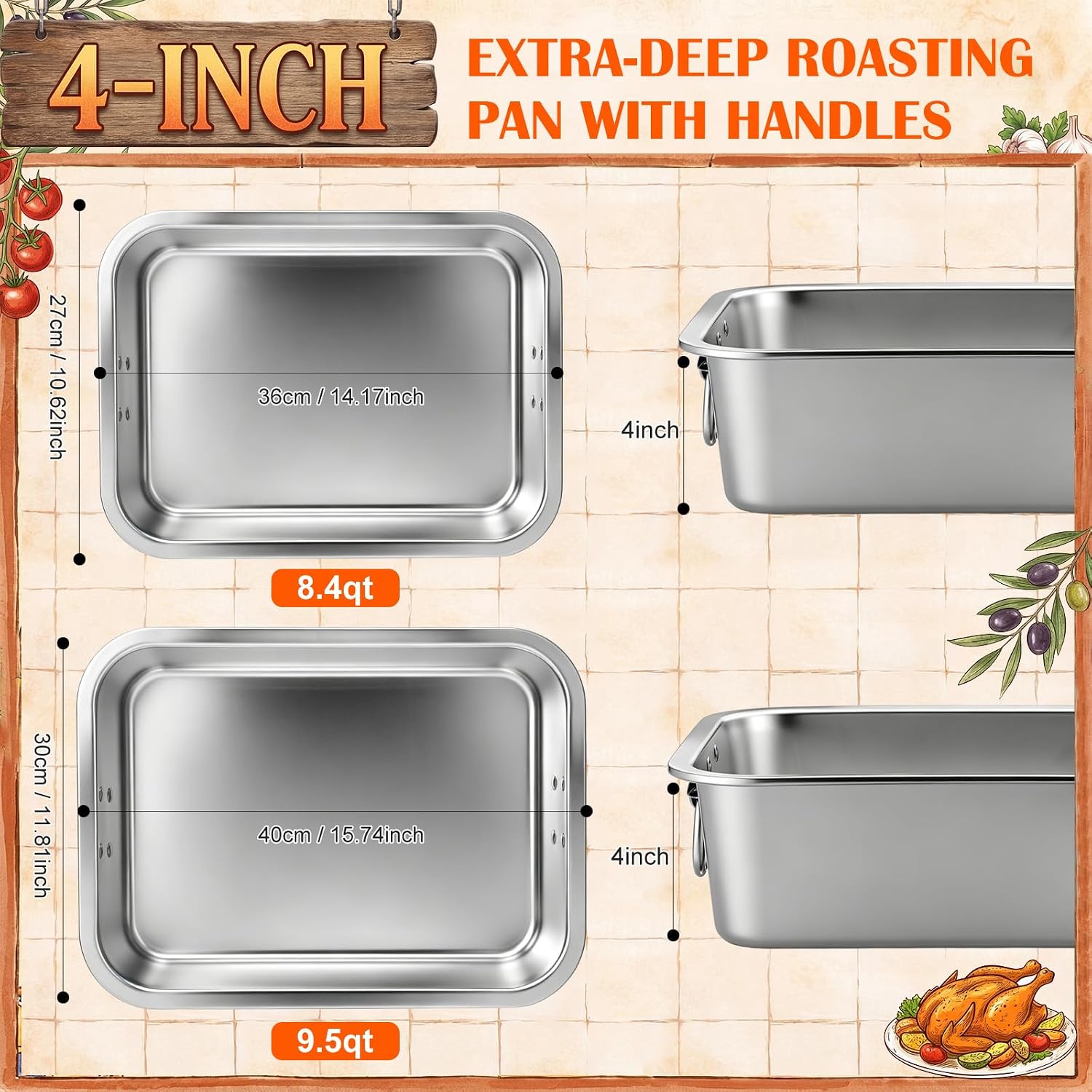 Domensi 2 Pcs 4'' Deep Stainless Steel Lasagna ‌Pan 14.2 Inch 15.7 Inch Large Roasting Pan with Handles Nonstick Rectangle Baking Dish Oven Roaster for Turkey Chicken Roasts Family Kitchen, Silver