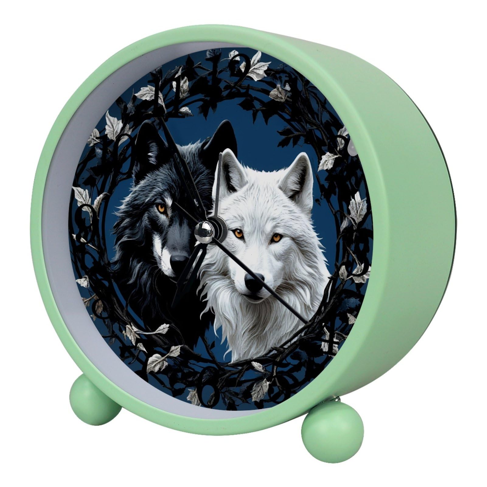 etoenbrc White and Black Wolf 10.9" Alarm Clock,Small Battery Operated Clock, Slient Plastic Table Clock for Living Room Decor,Bedroom,Office