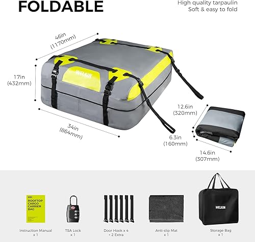 Miniatura 7 de WELKIN Bolsa de carga resistente para techo  Bolsa de techo impermeable de 15 unidades cúbicas para todos los vehículos consin estante  Incluye