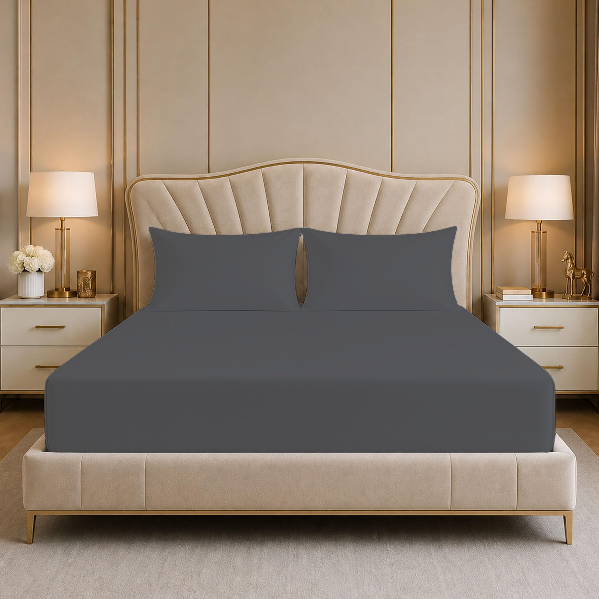 Reliancebedding Charcoal 3Pcs Double Fitted Sheet Set, 400Tc Egyptian Cotton, 35Cm Depth