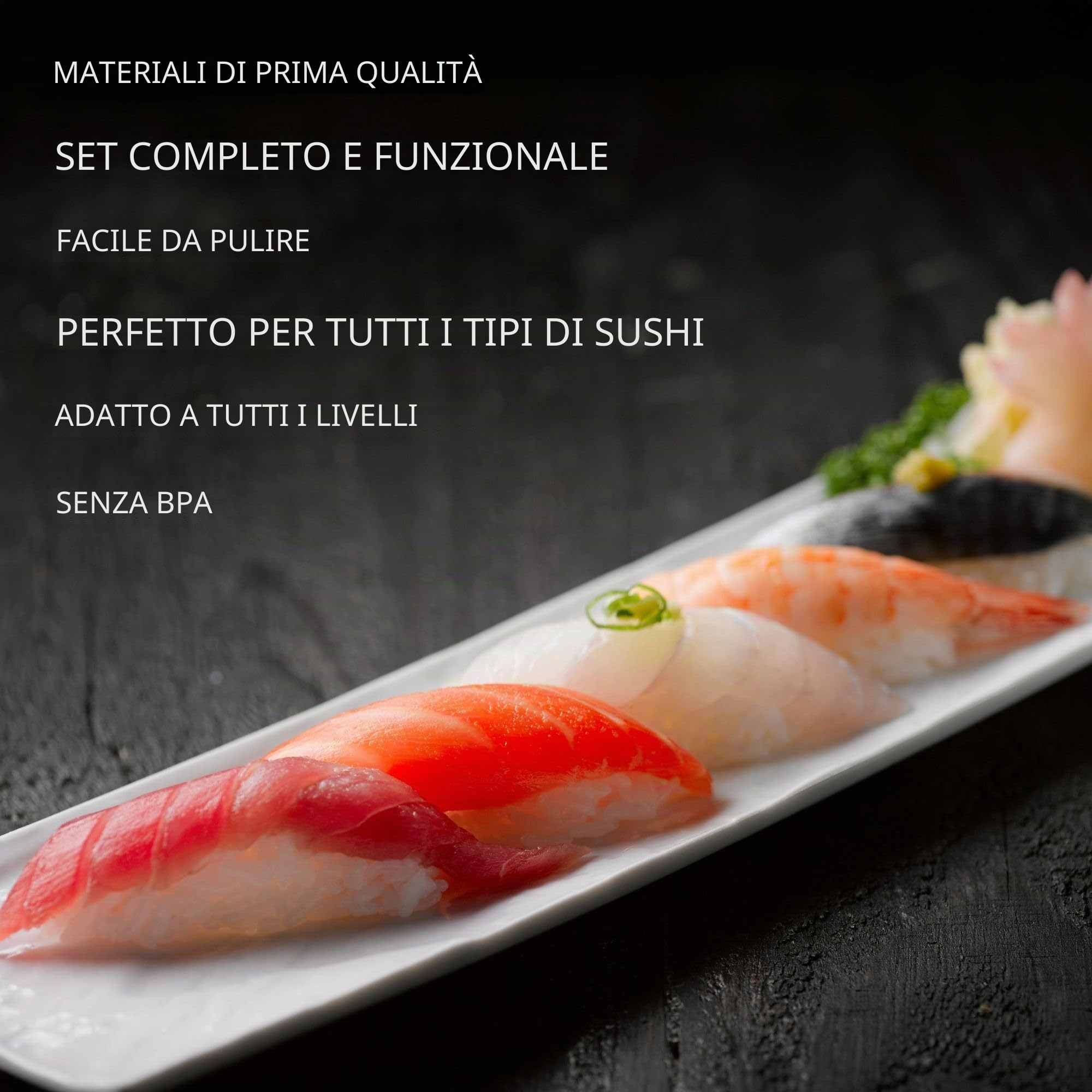 Set sushi completo. Kit sushi fai da te professionale da 17 pezzi. Kit per sushi composto da tappetino di bambù professionale, coltello, stampi di nigiri e onigiri, bacchette, cucchiaio... (Maker B)