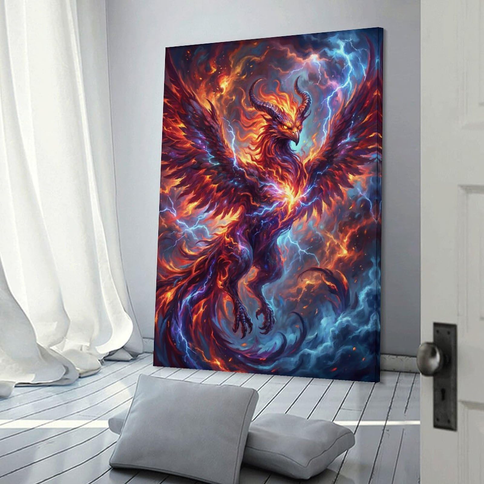 Junmoney Fiery Phoenix with Lightning Wall Decor Canvas Print, 24x36inch(60x90cm), for Bedroom, Lounge Or Dressing Area, Decorative Wall Art for Cosy Rooms
