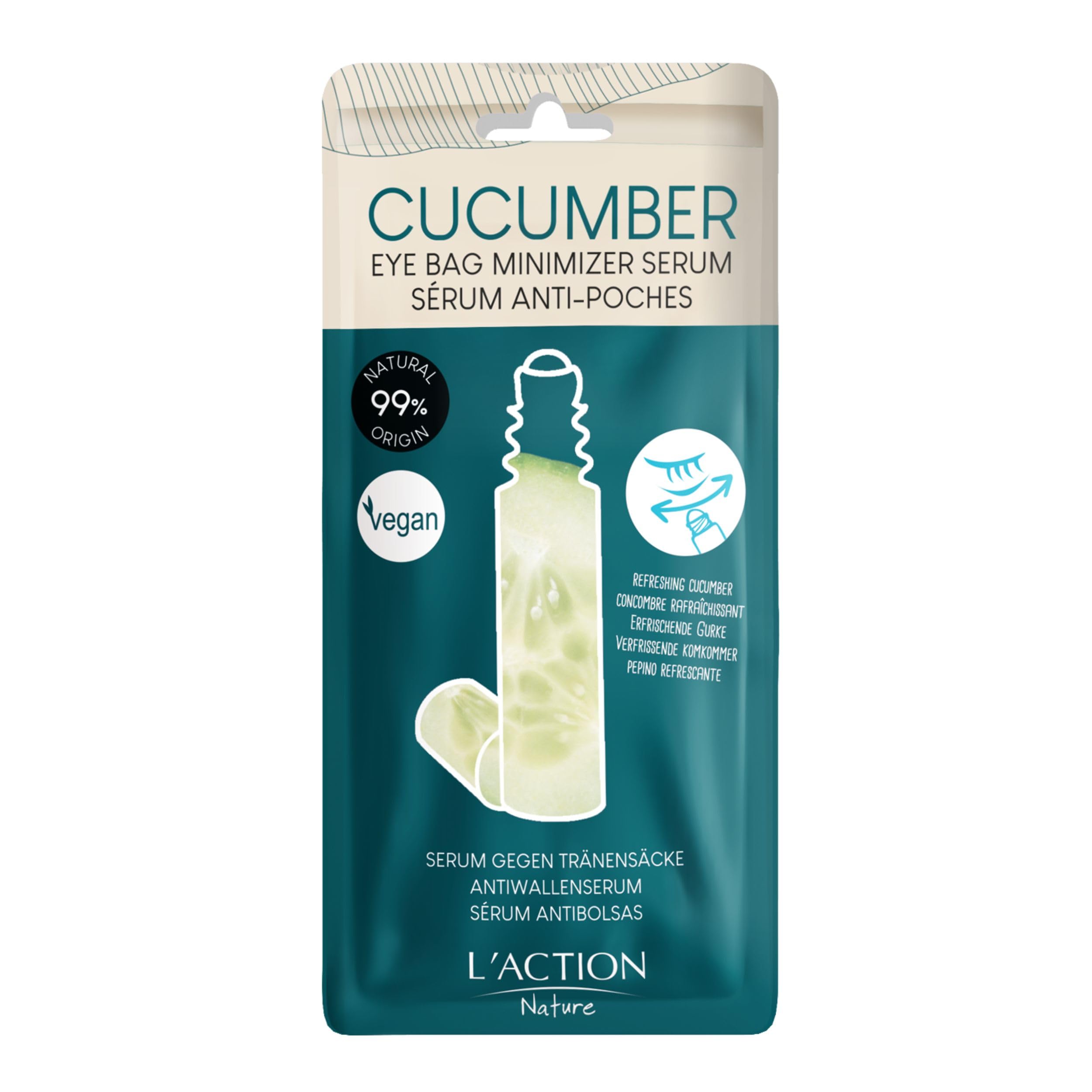 L'Action Paris Sérum Reductor de Bolsas para Ojos, con Extracto de Pepino para la Hinchazón debajo de los Ojos, Sérum Iluminador que Ayuda a Mejorar la Elasticidad de la Piel 10ml