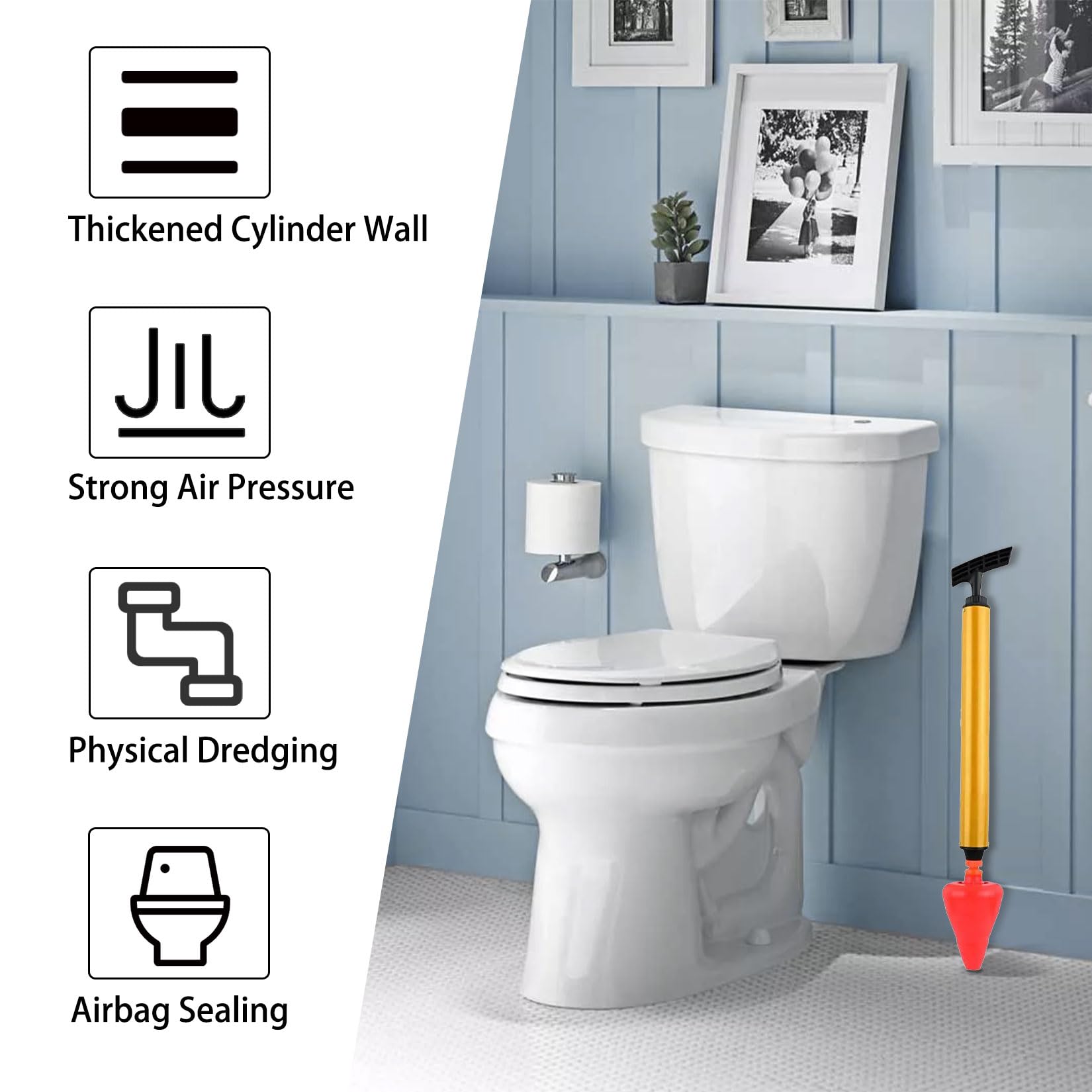 Hochdruck Abflussreiniger Pumpe mit 1 Stück Ersatzkopf Leistungsstarker Toilettenpömpel Rohrreinigungspumpe Löst Schnell Abflussverstopfung für Toiletten Waschbecken Bodenabläufe Abflussrohre